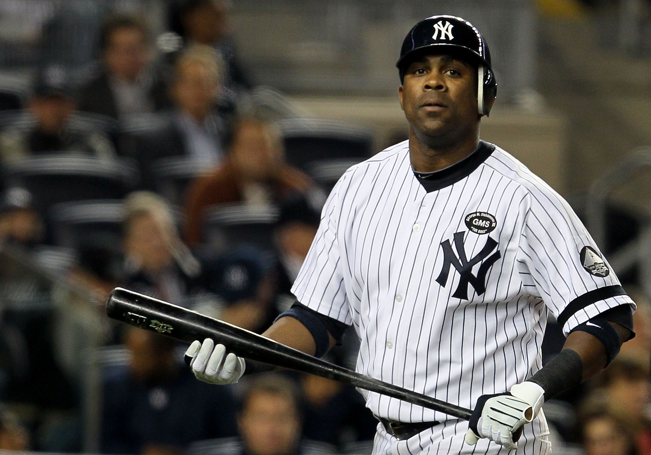 NEW YORK - OCTOBER 19:  Marcus Thames #38 of the New York Yankees reacts after he struck out in the bottom of the eighth inning against the Texas Rangers in Game Four of the ALCS during the 2010 MLB Playoffs at Yankee Stadium on October 19, 2010 in the Br