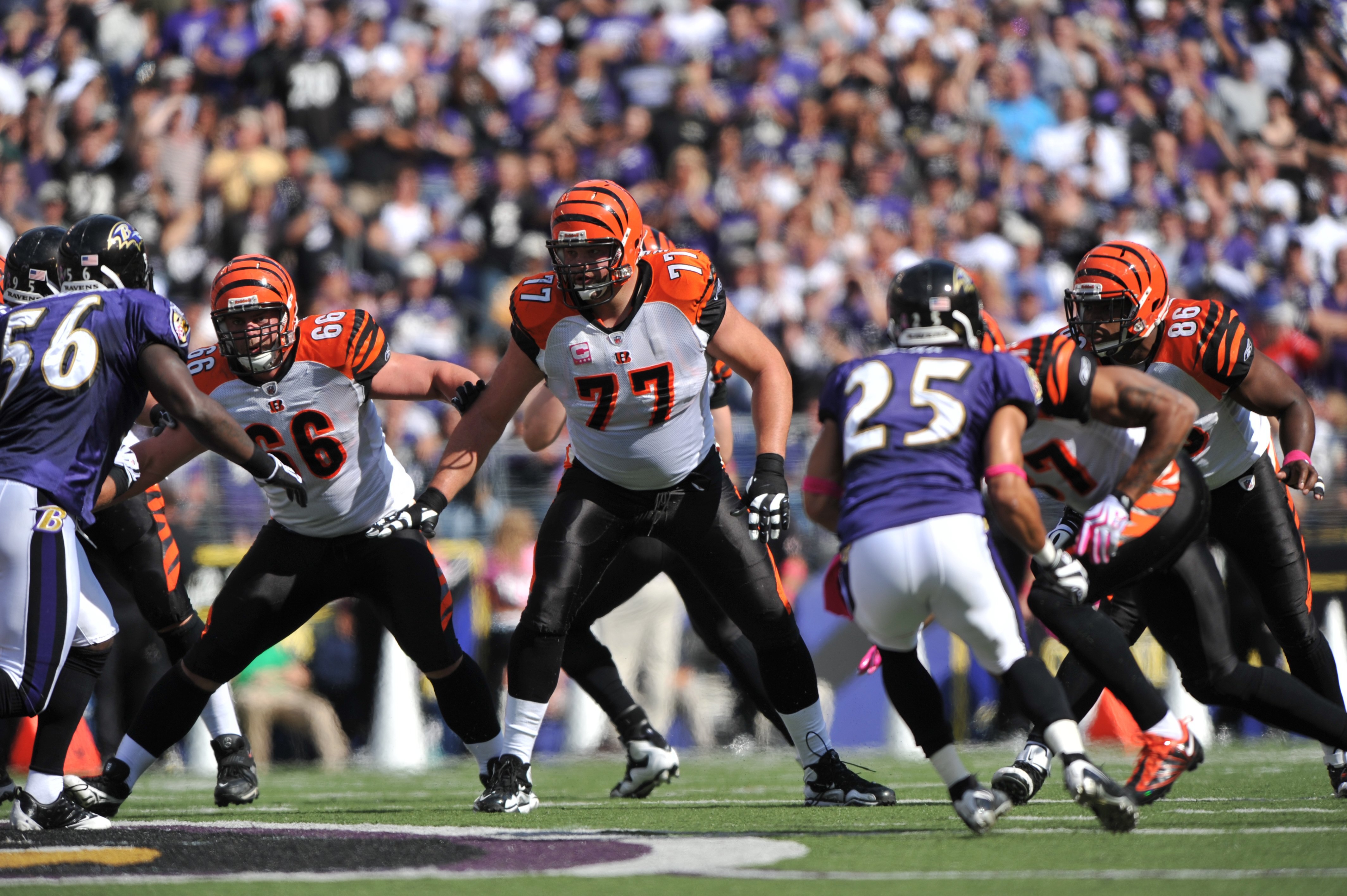 BALTIMORE - OCTOBER 11:  Andrew Whitworth #77 of the Cincinnati Bengals defends against the Baltimore Ravens at M&T Bank Stadium on October 11, 2009 in Baltimore, Maryland. The Bengals defeated the Ravens 17-14. (Photo by Larry French/Getty Images)