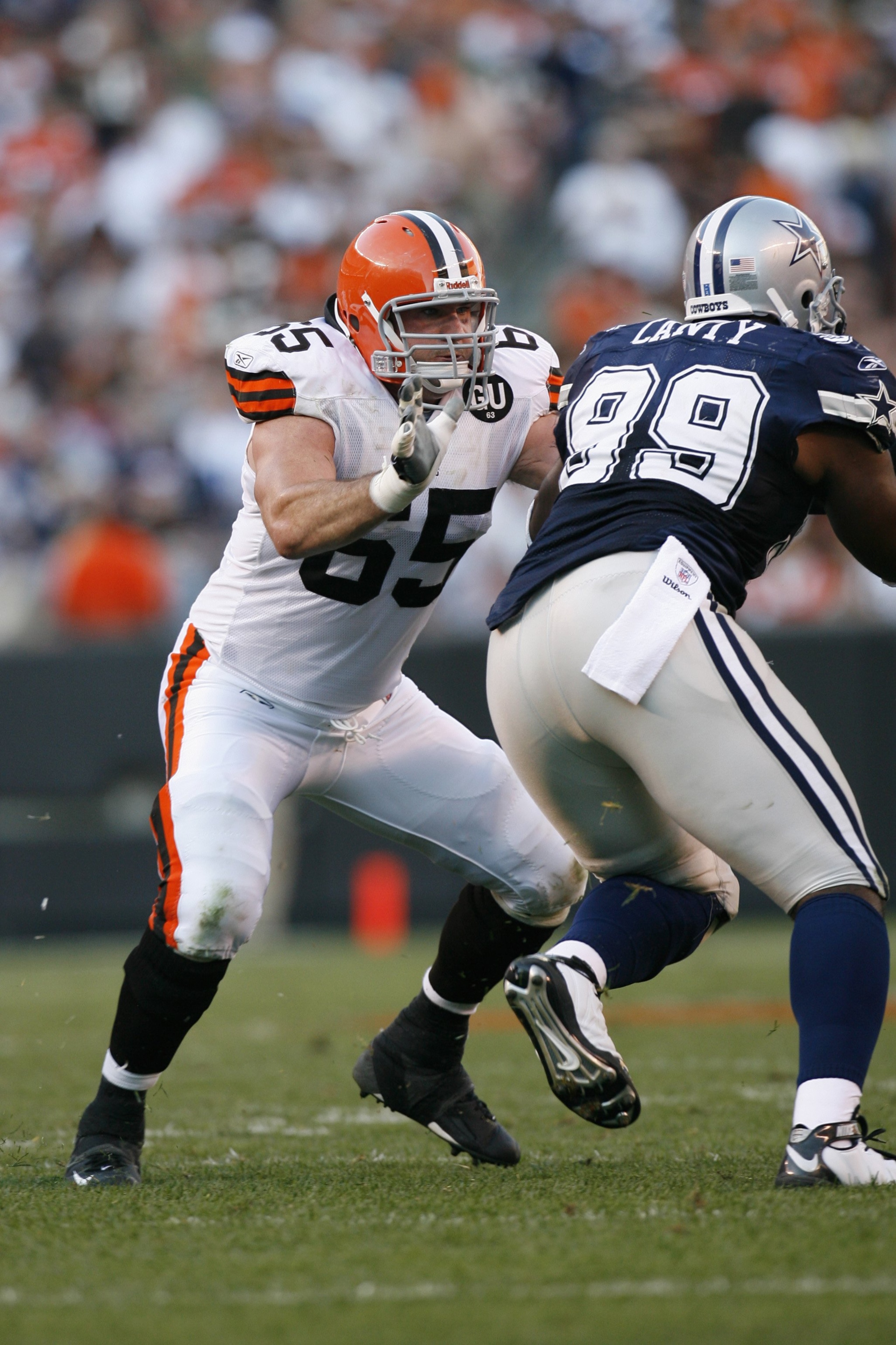 CLEVELAND - SEPTEMBER 7: Eric Steinbach #65 of the Cleveland Browns blocks Chris Canty #99 of the Dallas Cowboys during the game at Cleveland Browns Stadium on September 7, 2008 in Cleveland, Ohio. (Photo by Kevin C. Cox/Getty Images) CLEVELAND - SEPTEMBER 7: Eric Steinbach #65 of the Cleveland Browns blocks Chris Canty #99 of the Dallas Cowboys during the game at Cleveland Browns Stadium on September 7, 2008 in Cleveland, Ohio. (Photo by Kevin C. Cox/Getty Images)