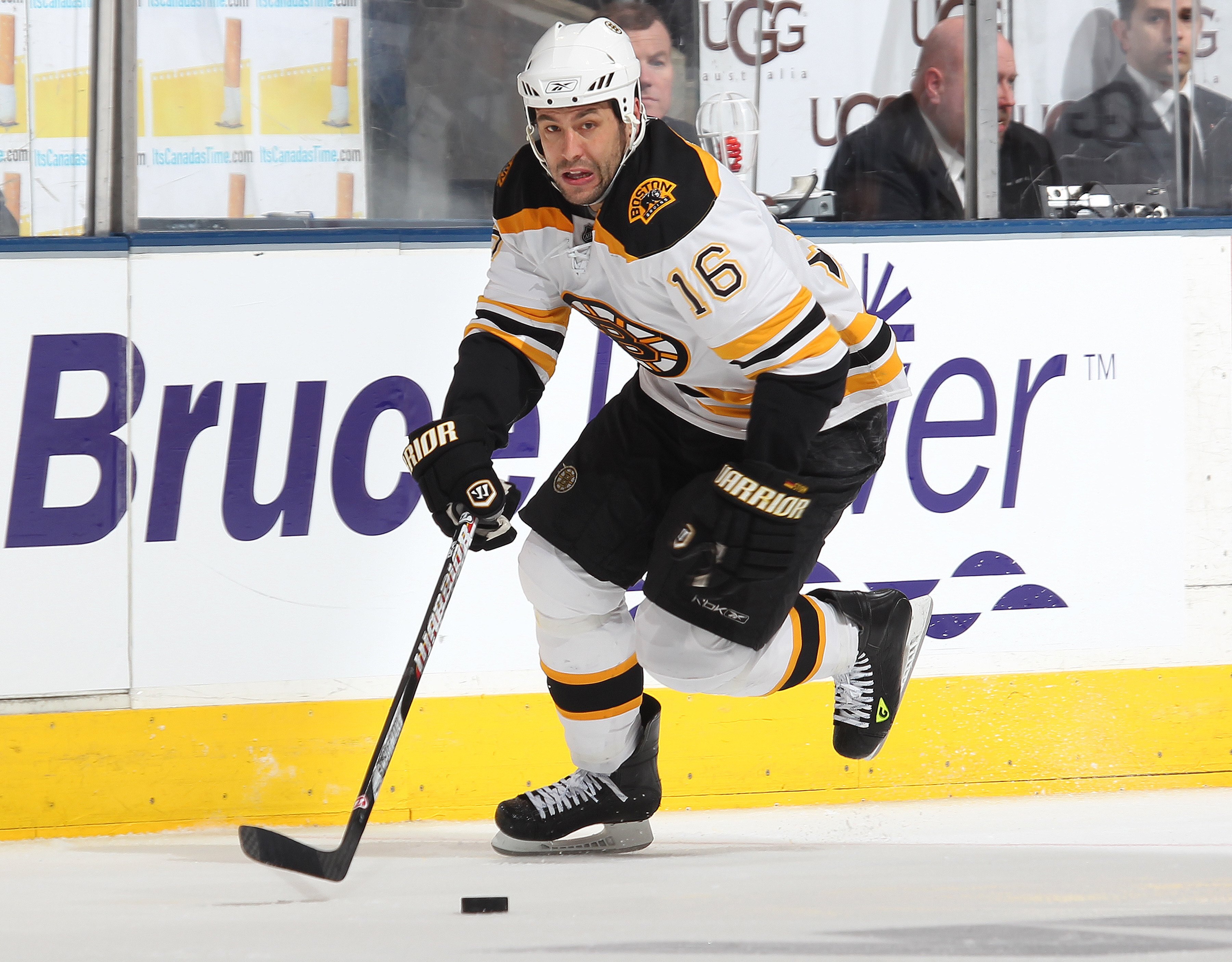 TORONTO, ON - APRIL 3:  Marco Sturm #16 of the Boston Bruins skates with the puck in a game against the Toronto Maple Leafs on April 3, 2010 at the Air Canada Centre in Toronto, Ontario. The Bruins defeated the Leafs 2-1 in overtime. (Photo by Claus Ander