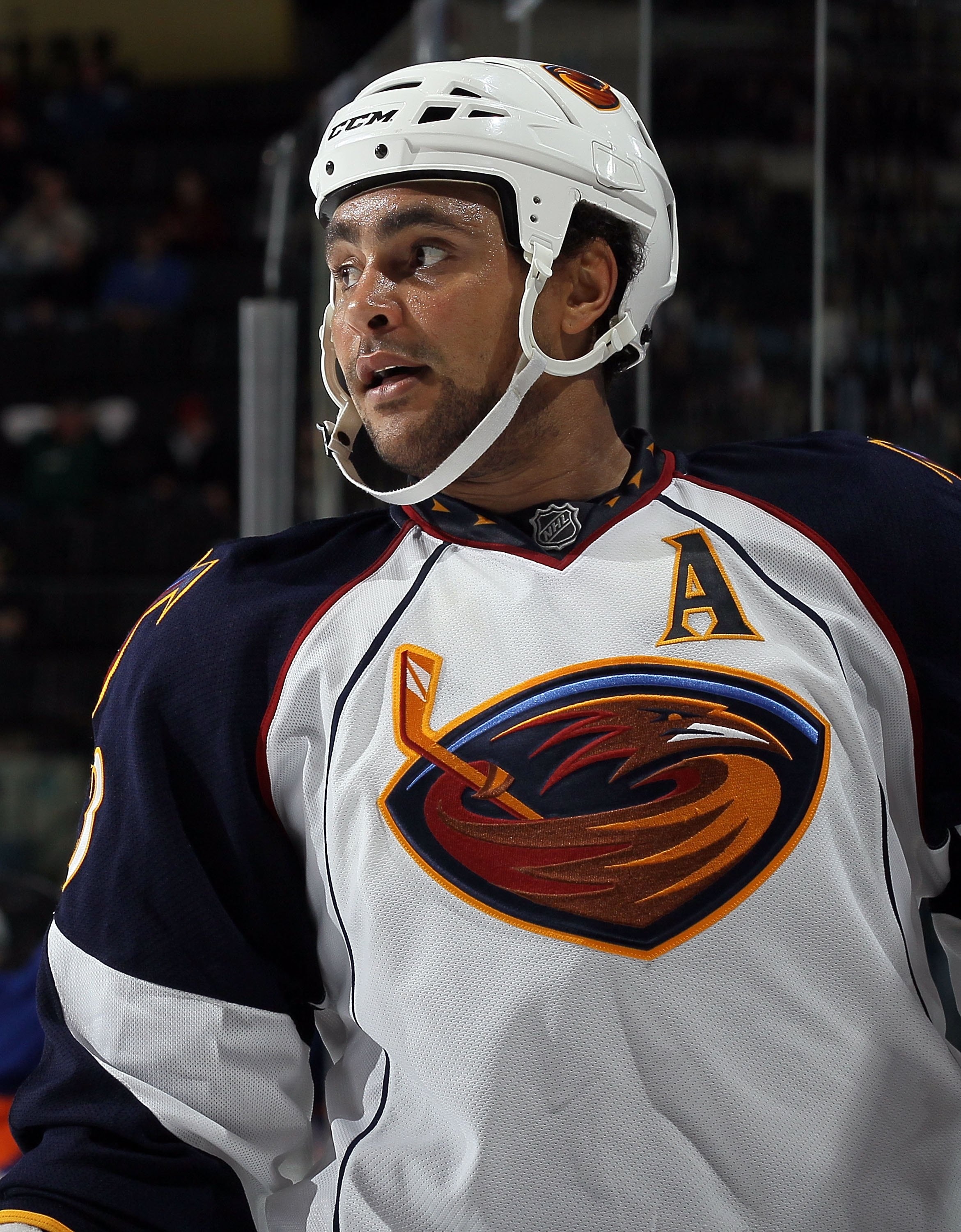 UNIONDALE, NY - DECEMBER 11:  Dustin Byfuglien #33 of the Atlanta Thrashers looks on against the New York Islanders on December 11, 2010 at Nassau Coliseum in Uniondale, New York. The Thrashers defeated the Isles 5-4.  (Photo by Jim McIsaac/Getty Images)