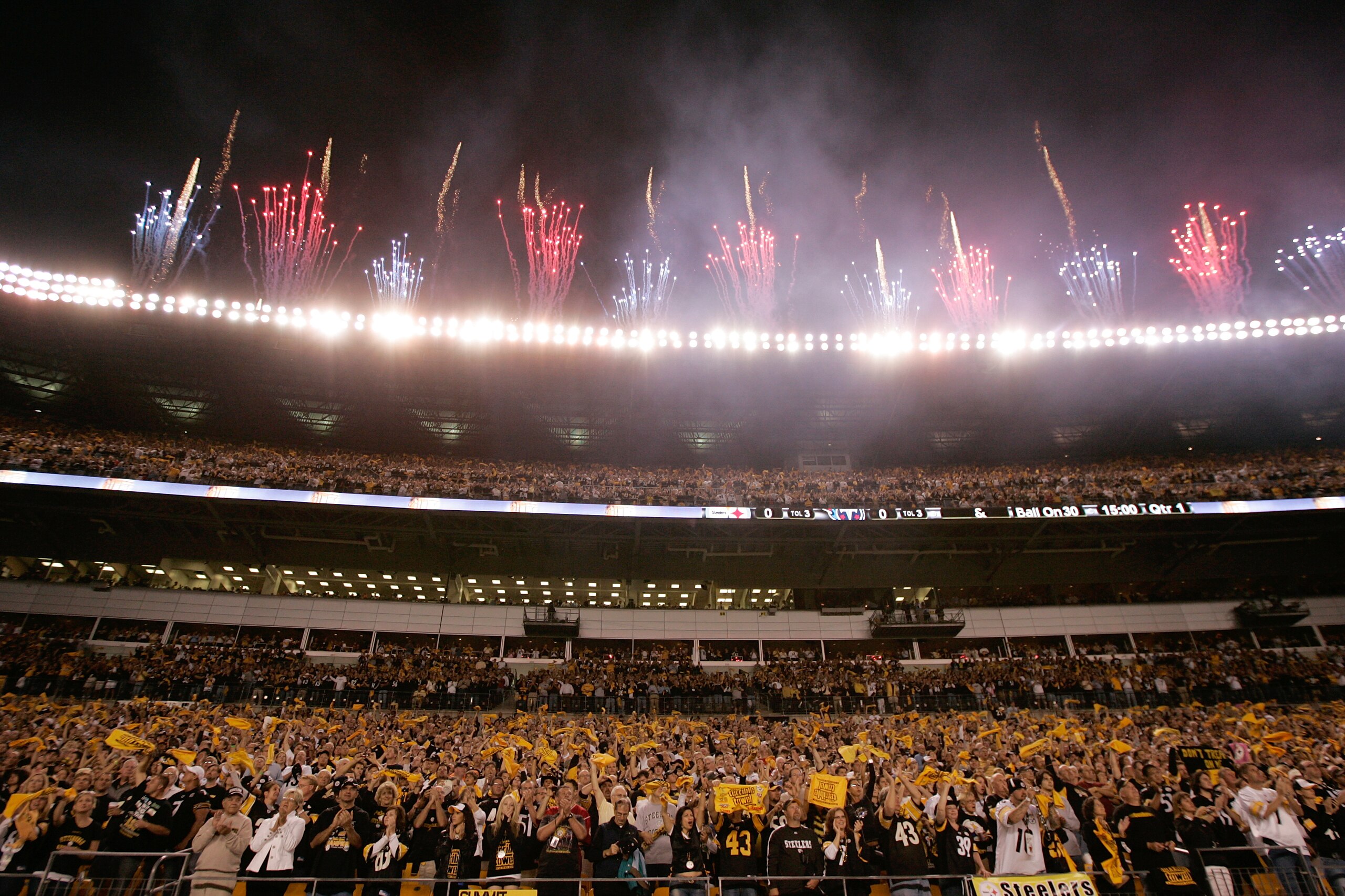 PITTSBURGH, PA - SEPTEMBER 10: Fireworks explode over the stadium as fans cheer during introductions prior to the game between the Tennessee Titans against the Pittsburgh Steelers at Heinz Field on September 10, 2009 in Pittsburgh, Pennsylvania. The Steel