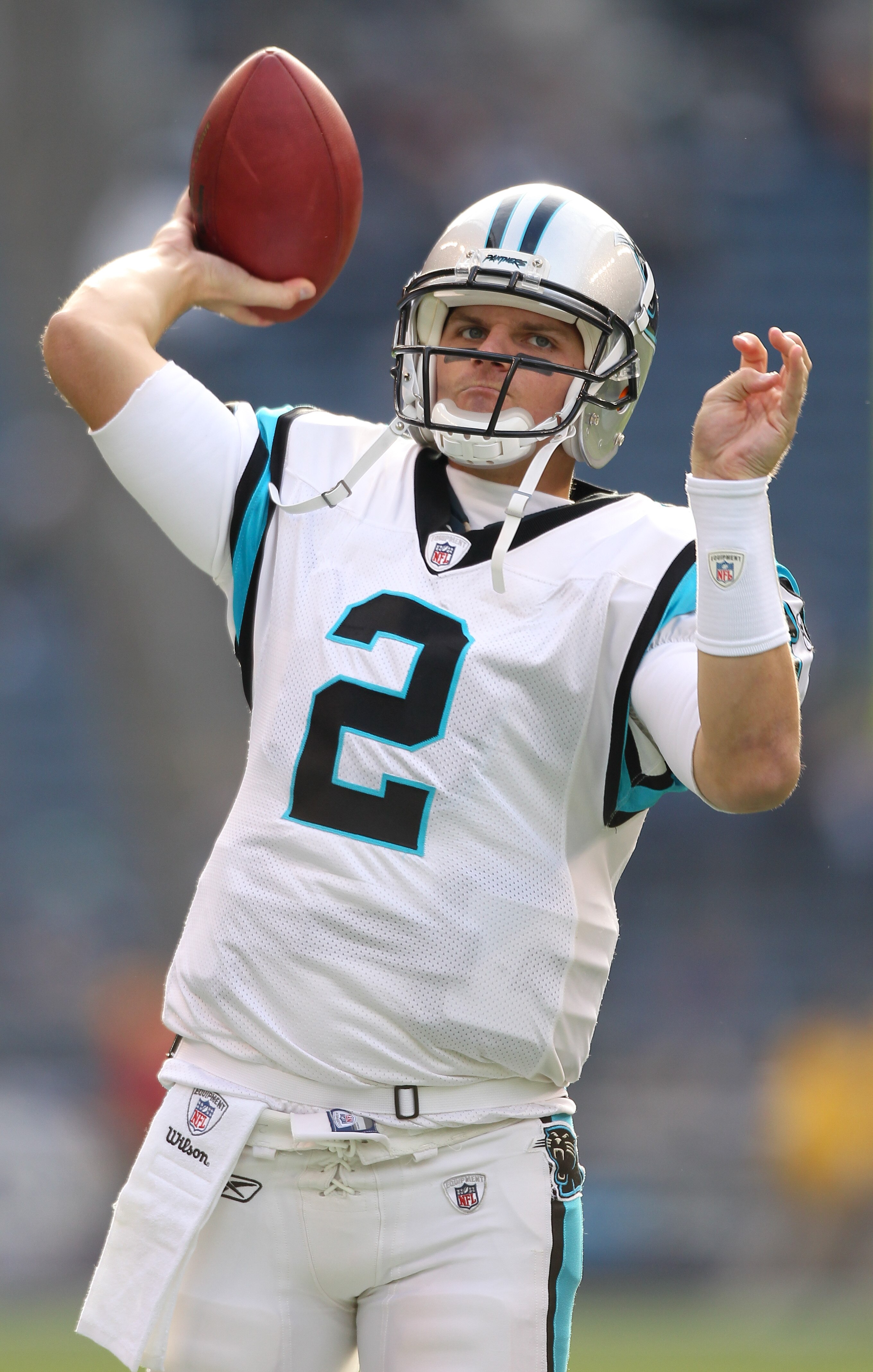 SEATTLE - DECEMBER 05:  Quarterback Jimmy Clausen #2 of the Carolina Panthers passes during warmups prior to the game against the Seattle Seahawks at Qwest Field on December 5, 2010 in Seattle, Washington. The Seahawks won, 31-14. (Photo by Otto Greule Jr