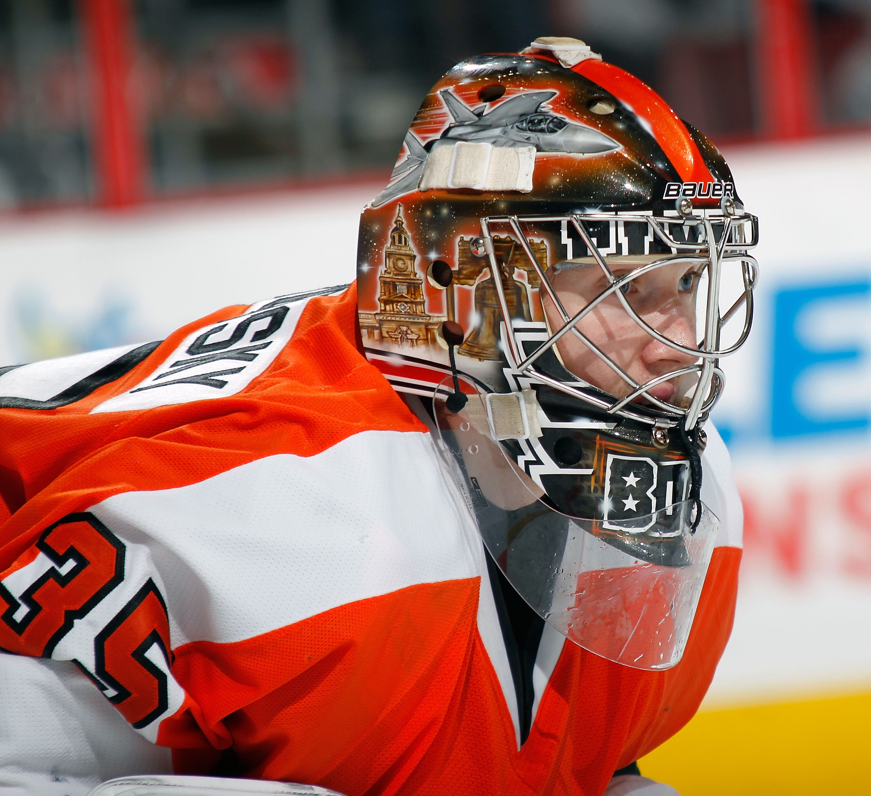 PHILADELPHIA - NOVEMBER 26:  Goalie Sergei Bobrovsky #35 of the Philadelphia Flyers concentrates on a faceoff during  a hockey game against the Calgary Flames at the Wells Fargo Center on November 26, 2010 in Philadelphia, Pennsylvania.  The Flames won 3-