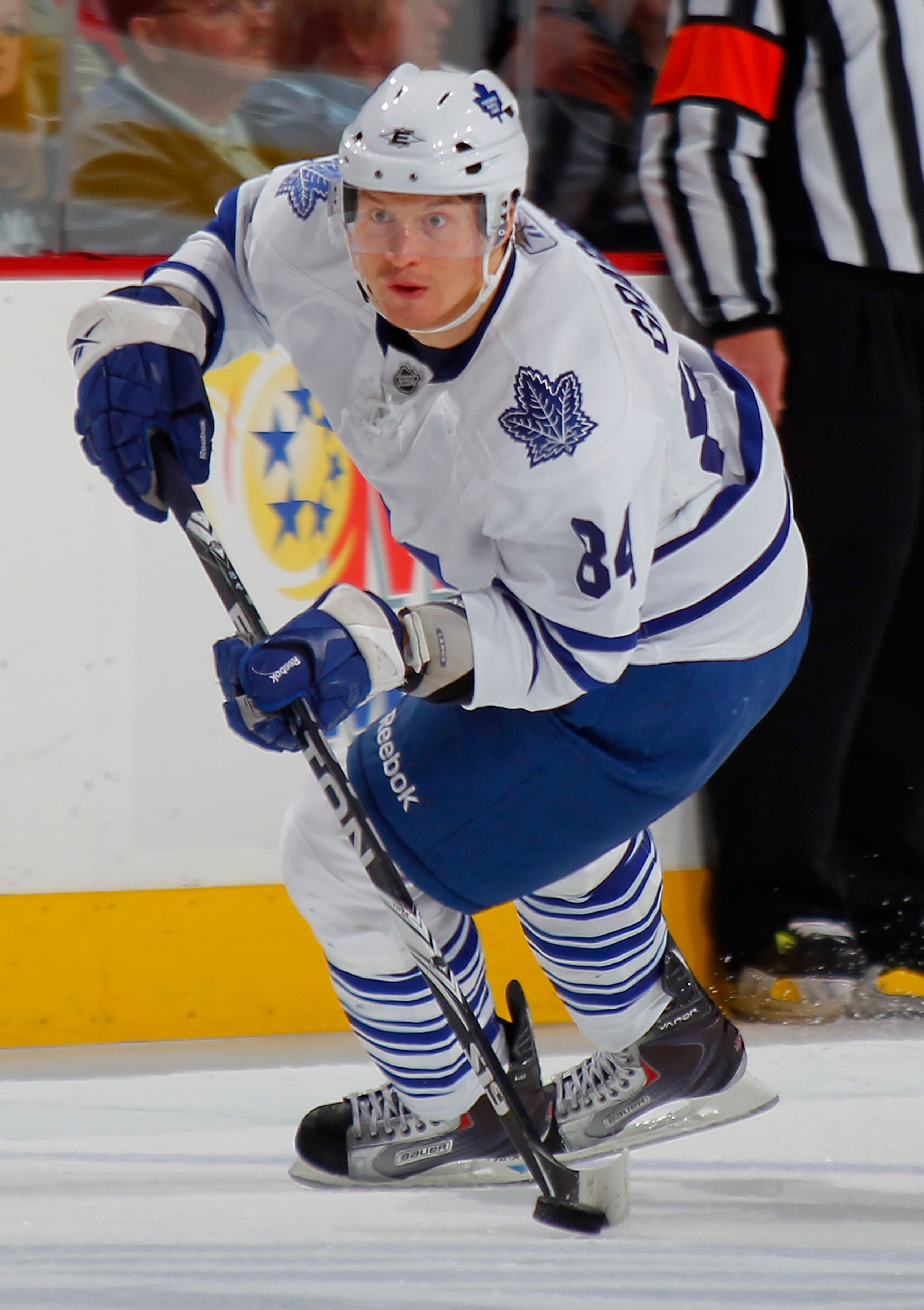 PHILADELPHIA - OCTOBER 23:  Mikhail Grabovski #84 of the Toronto Maple Leafs skates with the puck during a hockey game against the Philadelphia Flyers at the Wells Fargo Center on October 23, 2010 in Philadelphia, Pennsylvania.  (Photo by Paul Bereswill/G