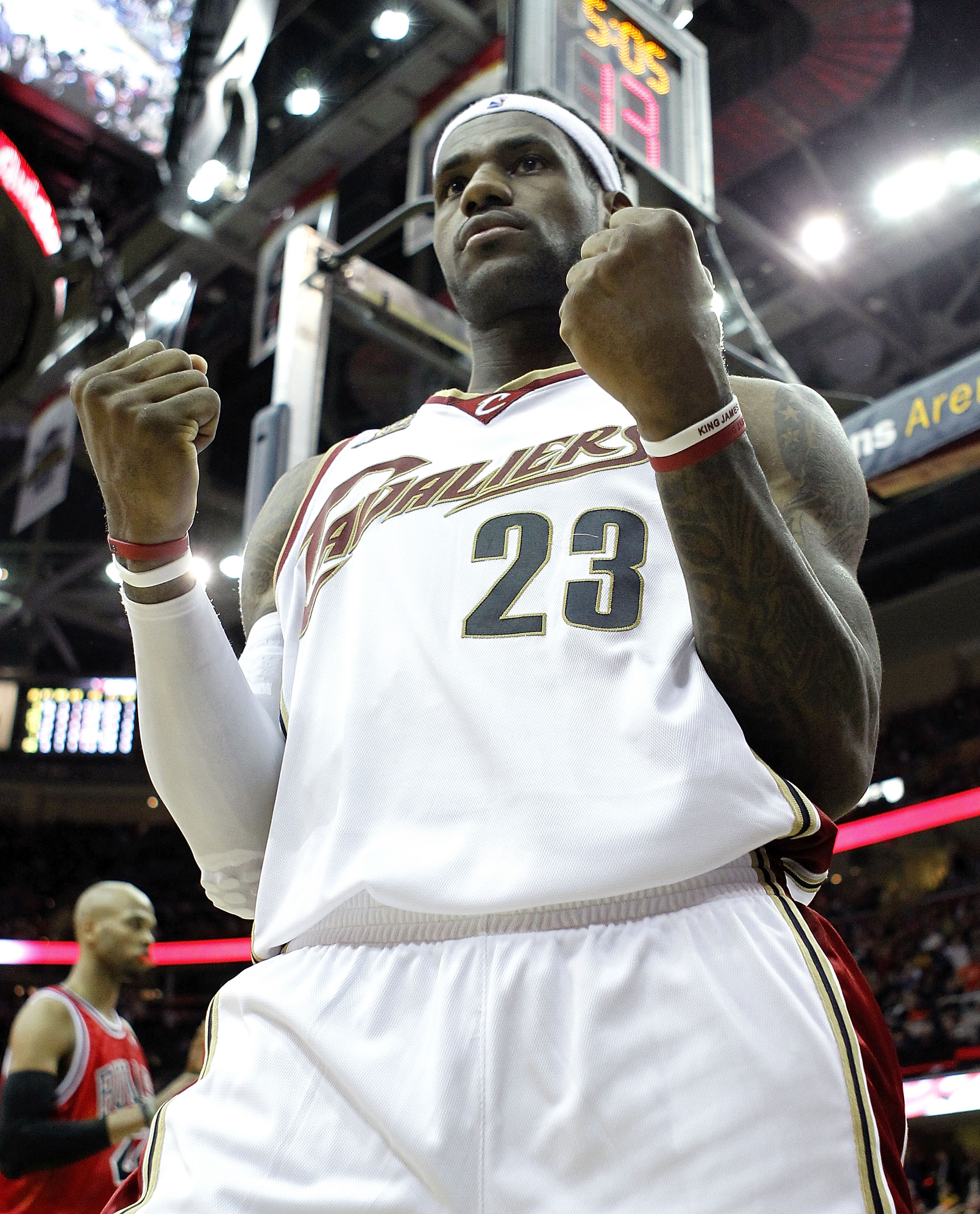CLEVELAND - APRIL 27: LeBron James #23 of the Cleveland Cavaliers reacts a after being fouled and making the shot while playing the Chicago Bulls in Game Five of the Eastern Conference Quarterfinals during the 2010 NBA Playoffs at Quicken Loans Arena on A