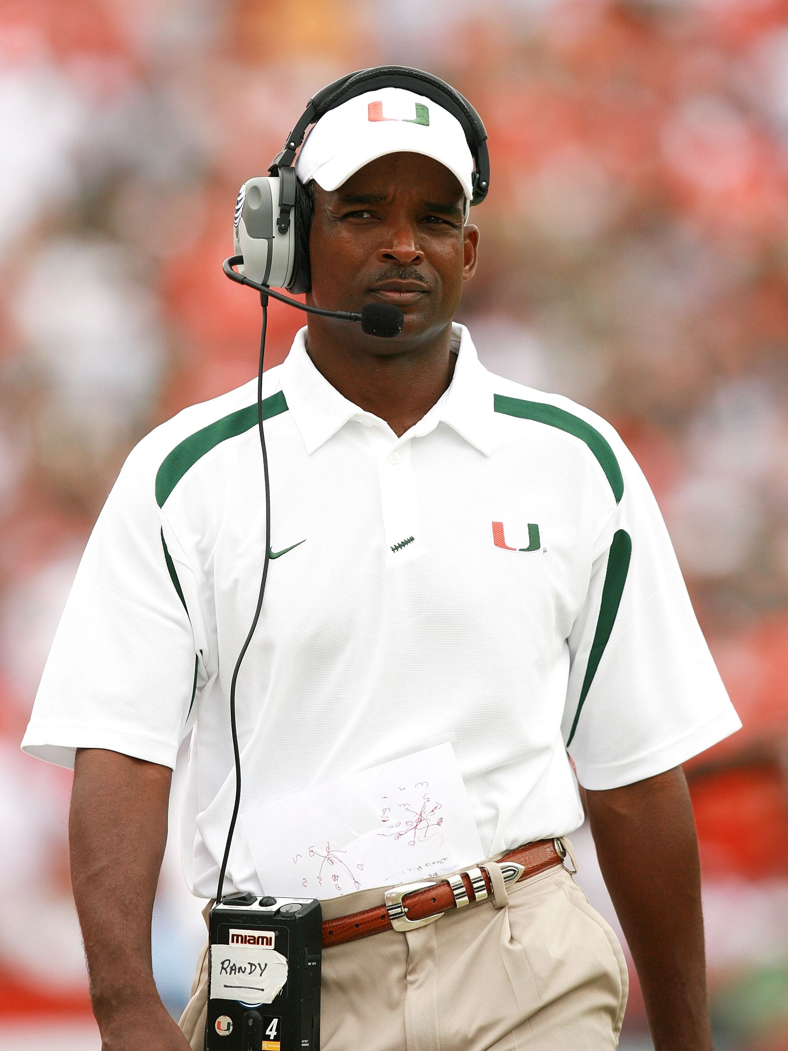 CORAL GABLES, FL - OCTOBER 13: Head coach Randy Shannon of the Miami Hurricanes walks the sidelines while his team takes on the Georgia Tech Yellow Jackets at the Orange Bowl on October 13, 2007 in Coral Gables, Florida. Georgia Tech defeated Miami 17-14.