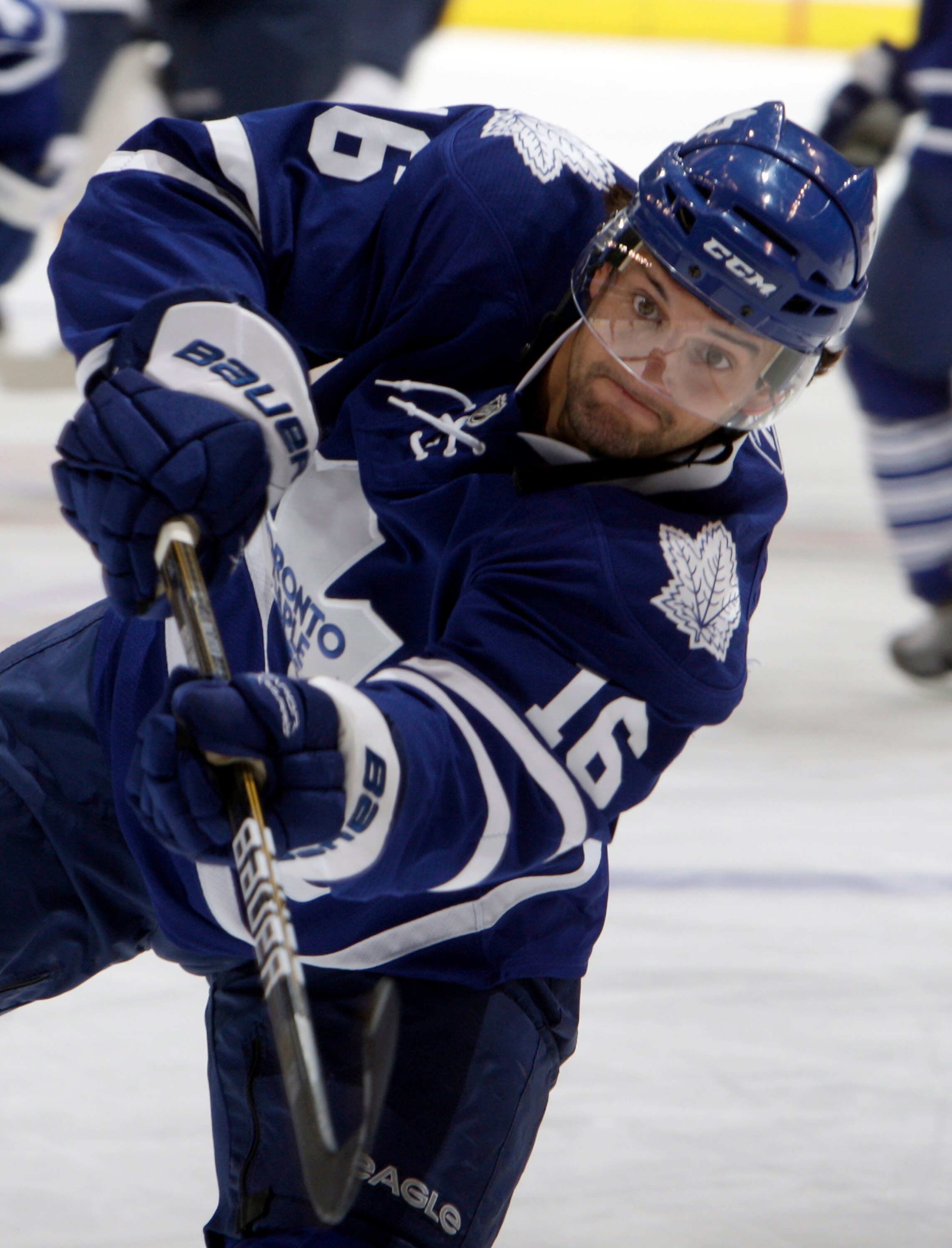 TORONTO - SEPTEMBER 27: Clarke MacArthur #16 of the Toronto Maple Leafs shoots during warmup before a preseason NHL game at the Air Canada Centre September 27, 2010 in Toronto, Ontario, Canada. (Photo by Abelimages/Getty Images)