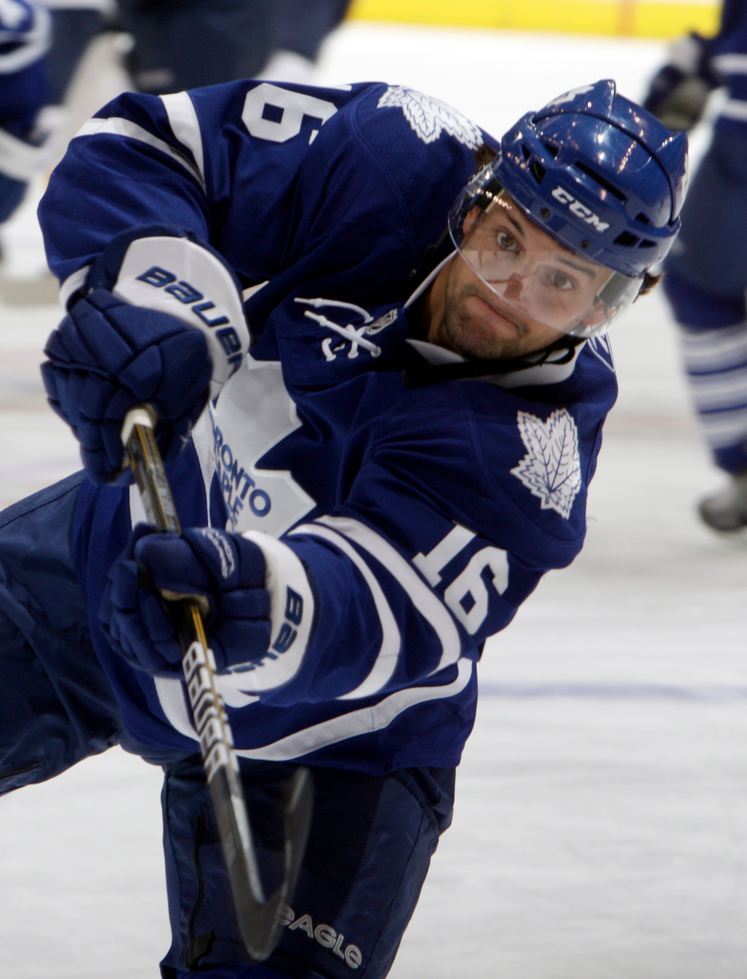 TORONTO - SEPTEMBER 27: Clarke MacArthur #16 of the Toronto Maple Leafs shoots during warmup before a preseason NHL game at the Air Canada Centre September 27, 2010 in Toronto, Ontario, Canada. (Photo by Abelimages/Getty Images)