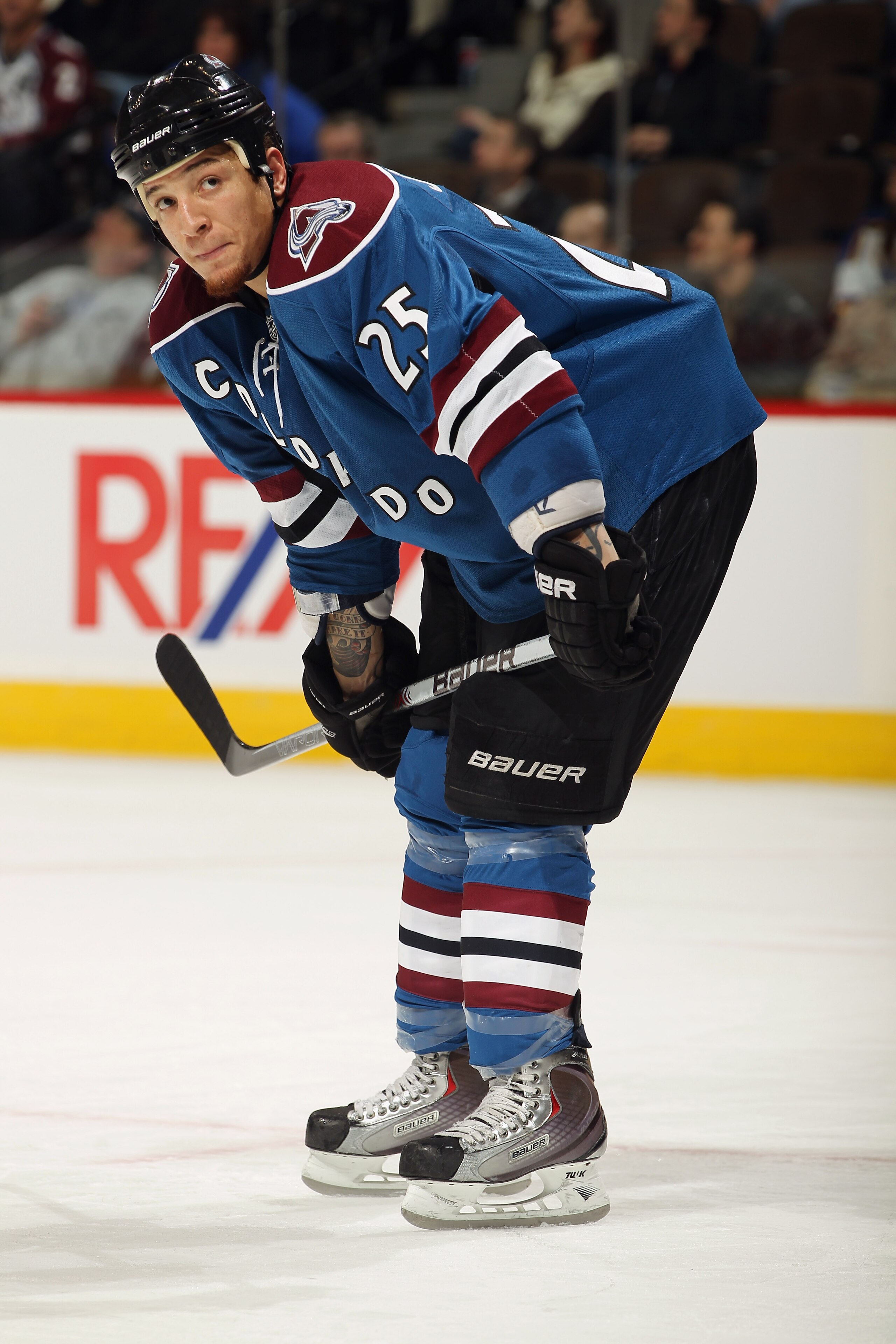 DENVER - NOVEMBER 15:  Chris Stewart #25 of the Colorado Avalanche looks on against the St. Louis Blues at the Pepsi Center on November 15, 2010 in Denver, Colorado. The Avalanche defeated the Blues 6-3.  (Photo by Doug Pensinger/Getty Images)