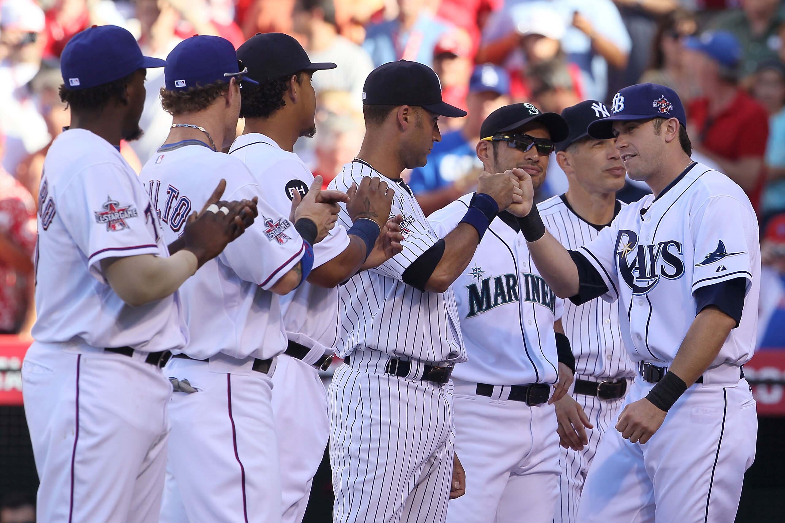 ANAHEIM, CA - JULY 13:  American League All-Star Evan Longoria #3 of the Tampa Bay Rays greets his teammates on American League All-Star prior to the 81st MLB All-Star Game at Angel Stadium of Anaheim on July 13, 2010 in Anaheim, California.  (Photo by Je