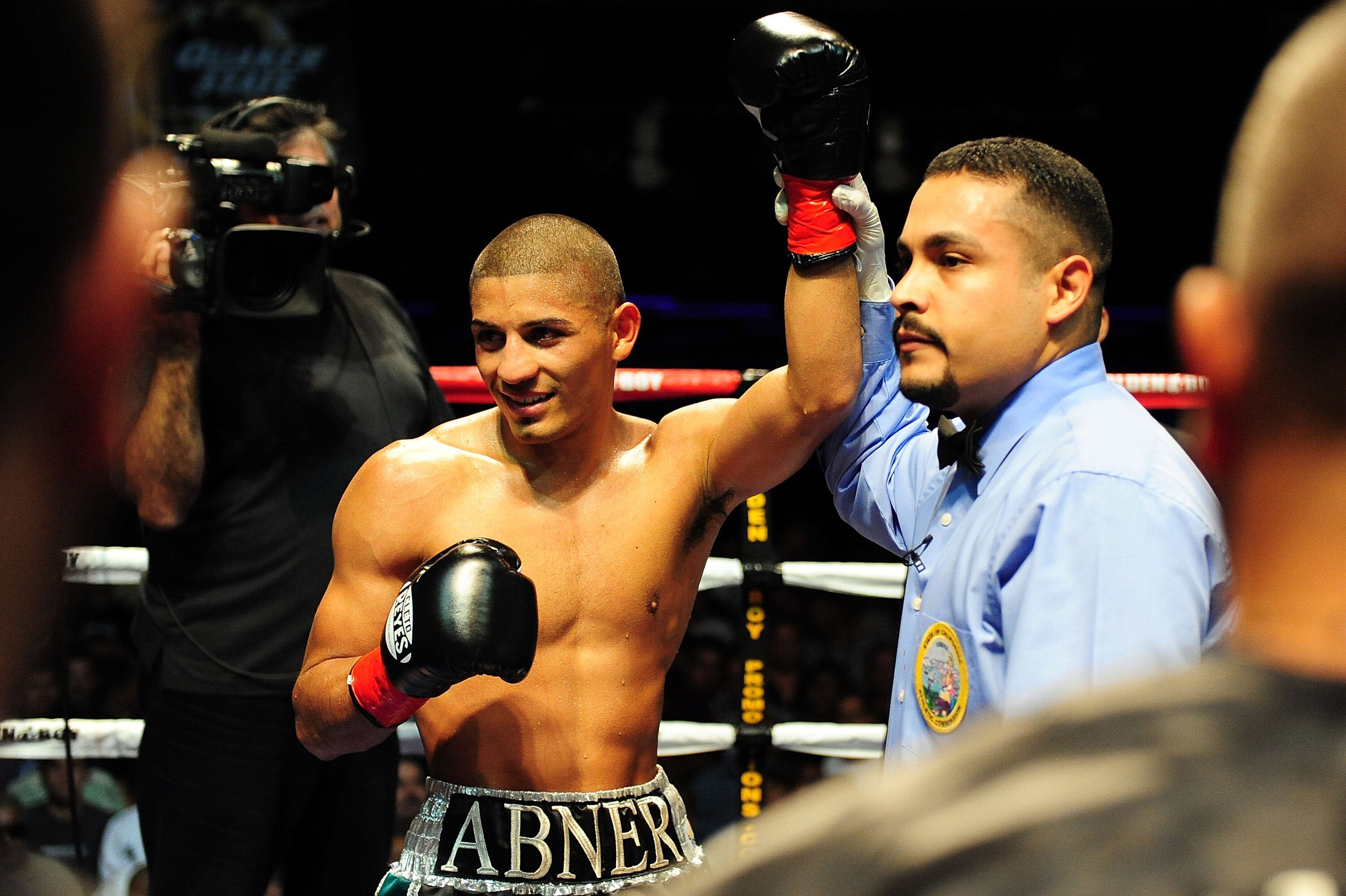 LOS ANGELES - AUGUST 27:  Abner Mares celebrates his victory against opponent Carlos Fulgencio on August 27, 2009 in Los Angeles, California.  (Photo by Jacob de Golish/Getty Images)