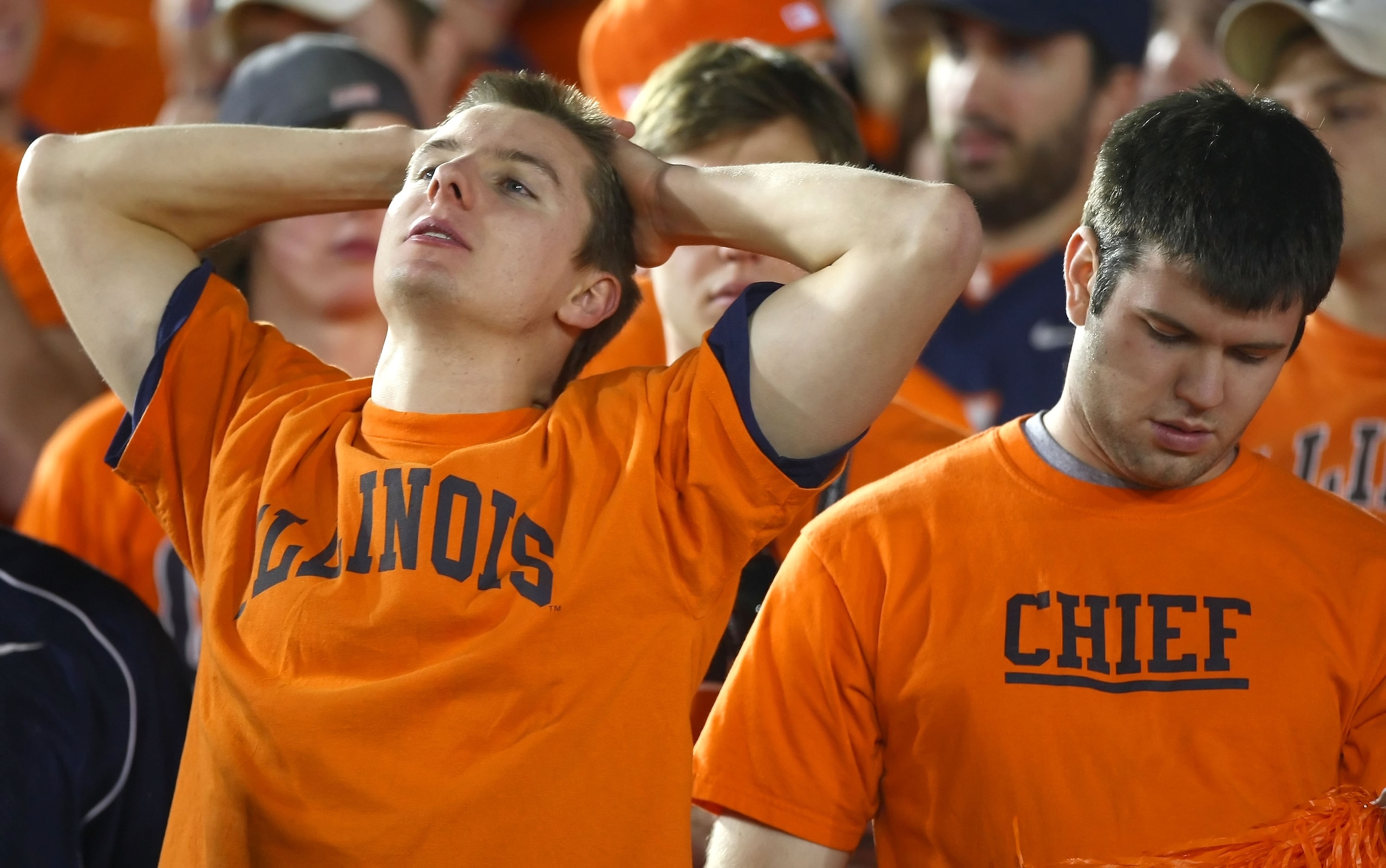PASADENA, CA - JANUARY 01:  Fans of the Illinois Fighting Illini look on late in the fourth quarter against the USC Trojans in the 'Rose Bowl presented by Citi' at the Rose Bowl on January 1, 2008 in Pasadena, California.  (Photo by Donald Miralle/Getty I