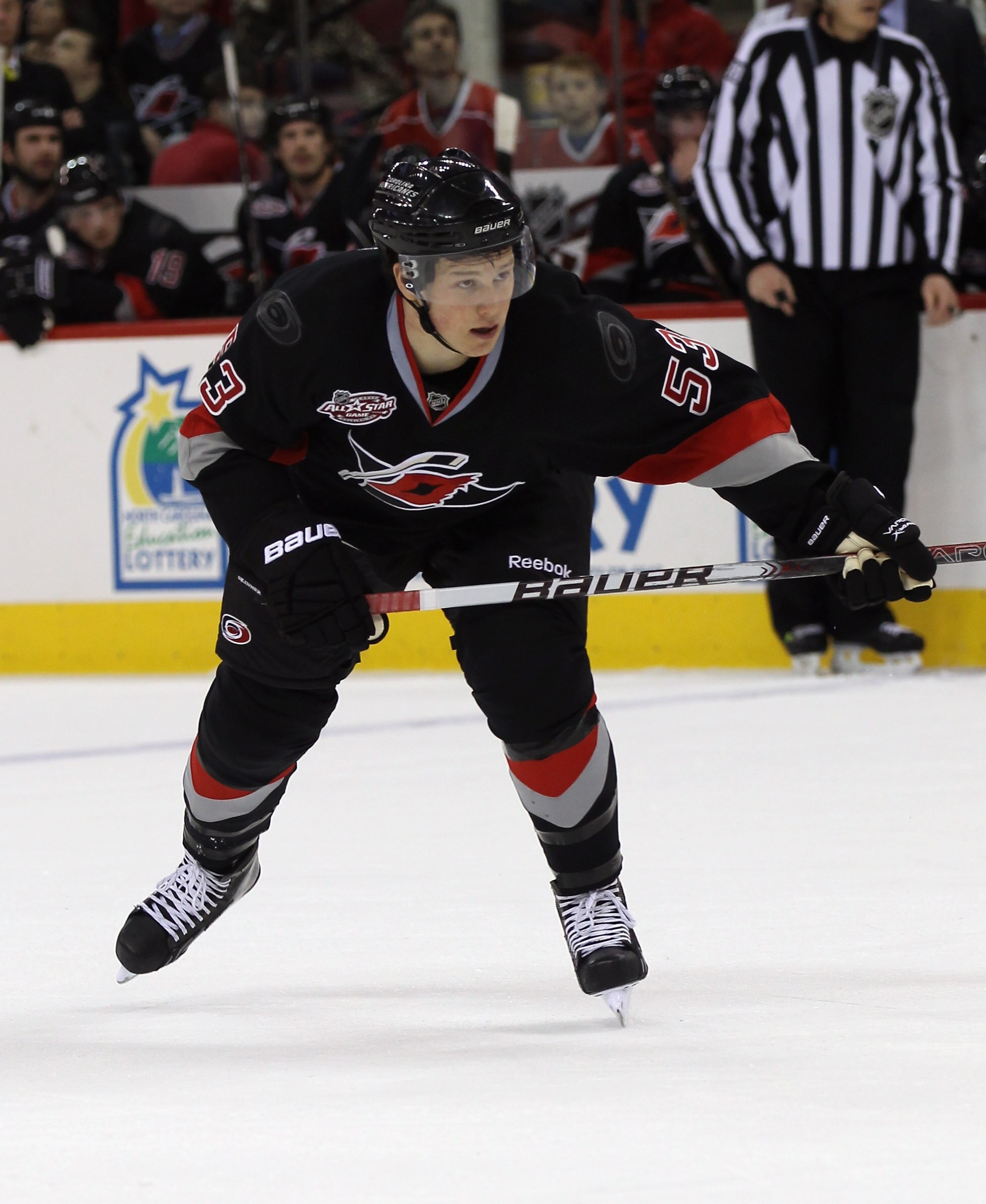 RALEIGH, NC - NOVEMBER 29:  Jeff Skinner #53 of the Carolina Hurricanes skates against the Dallas Stars at the RBC Center on November 29, 2010 in Raleigh, North Carolina. The Stars defeated the Hurricanes 4-1.  (Photo by Bruce Bennett/Getty Images)