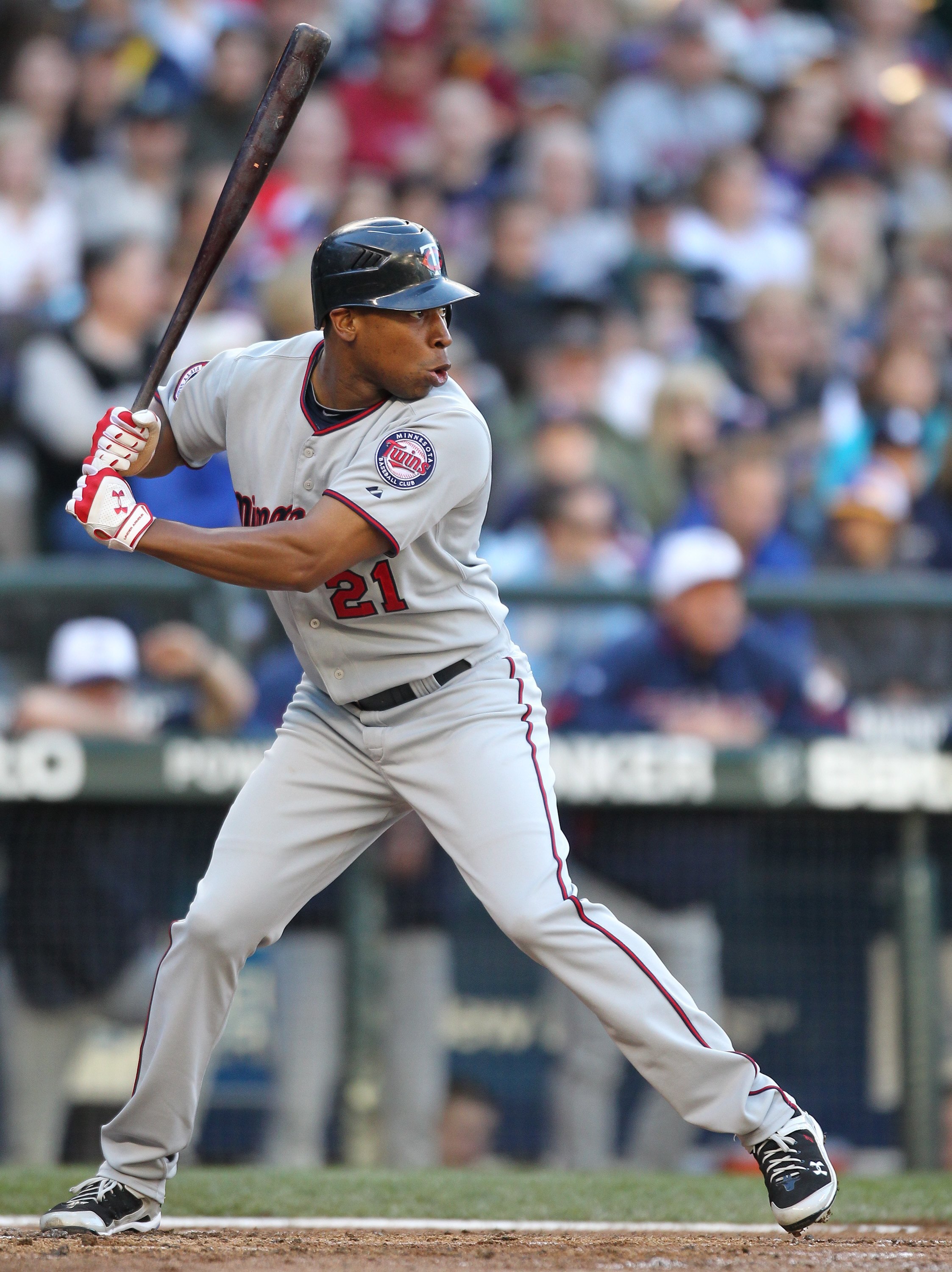 SEATTLE - MAY 31:  Delmon Young #21 of the Minnesota Twins bats against the Seattle Mariners at Safeco Field on May 31, 2010 in Seattle, Washington. (Photo by Otto Greule Jr/Getty Images)