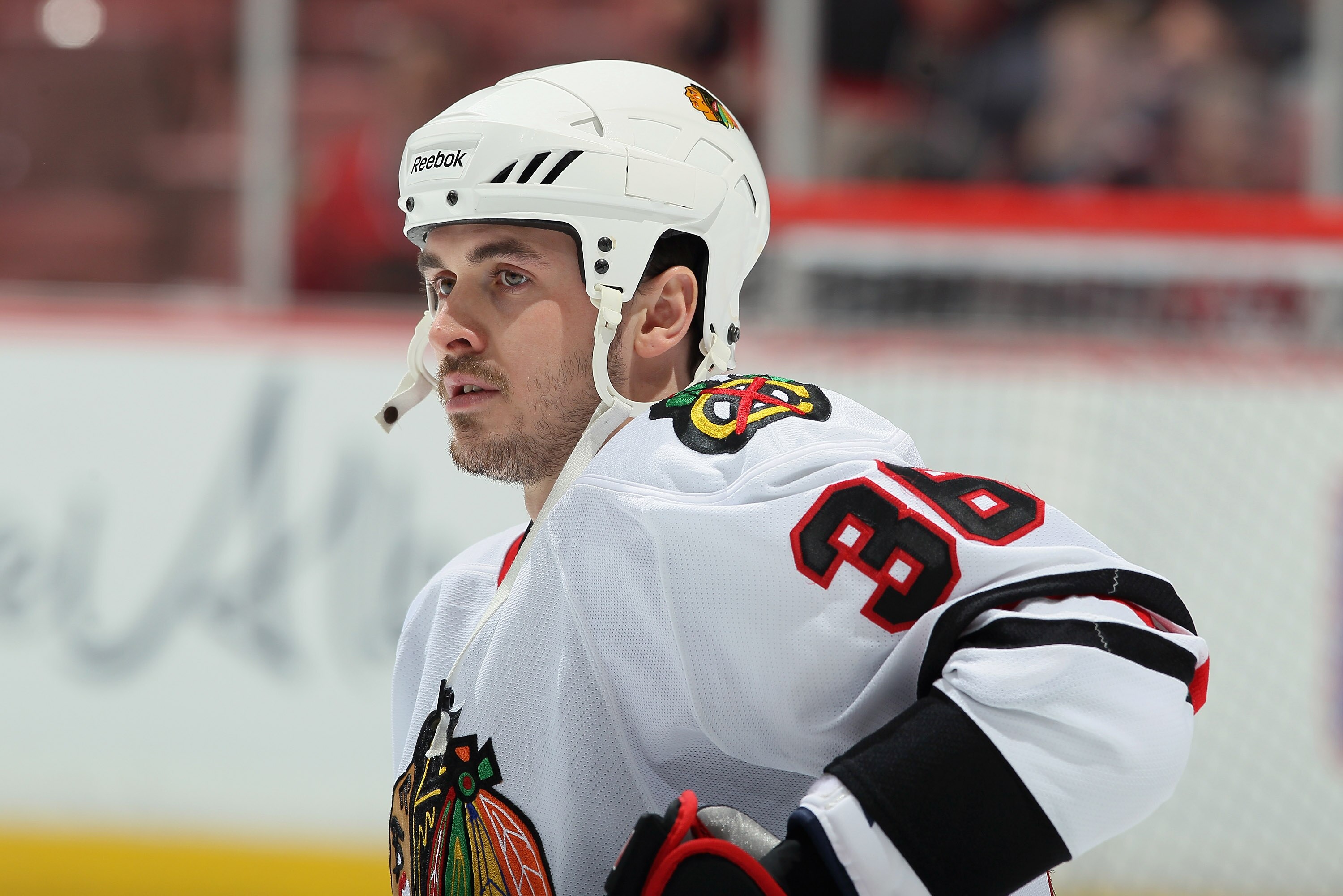 ANAHEIM, CA - NOVEMBER 26:  Dave Bolland #36 of the Chicago Blackhawks looks on prior to the start of the game against the Anaheim Ducks at the Honda Center on November 26, 2010 in Anaheim, California.  (Photo by Jeff Gross/Getty Images)