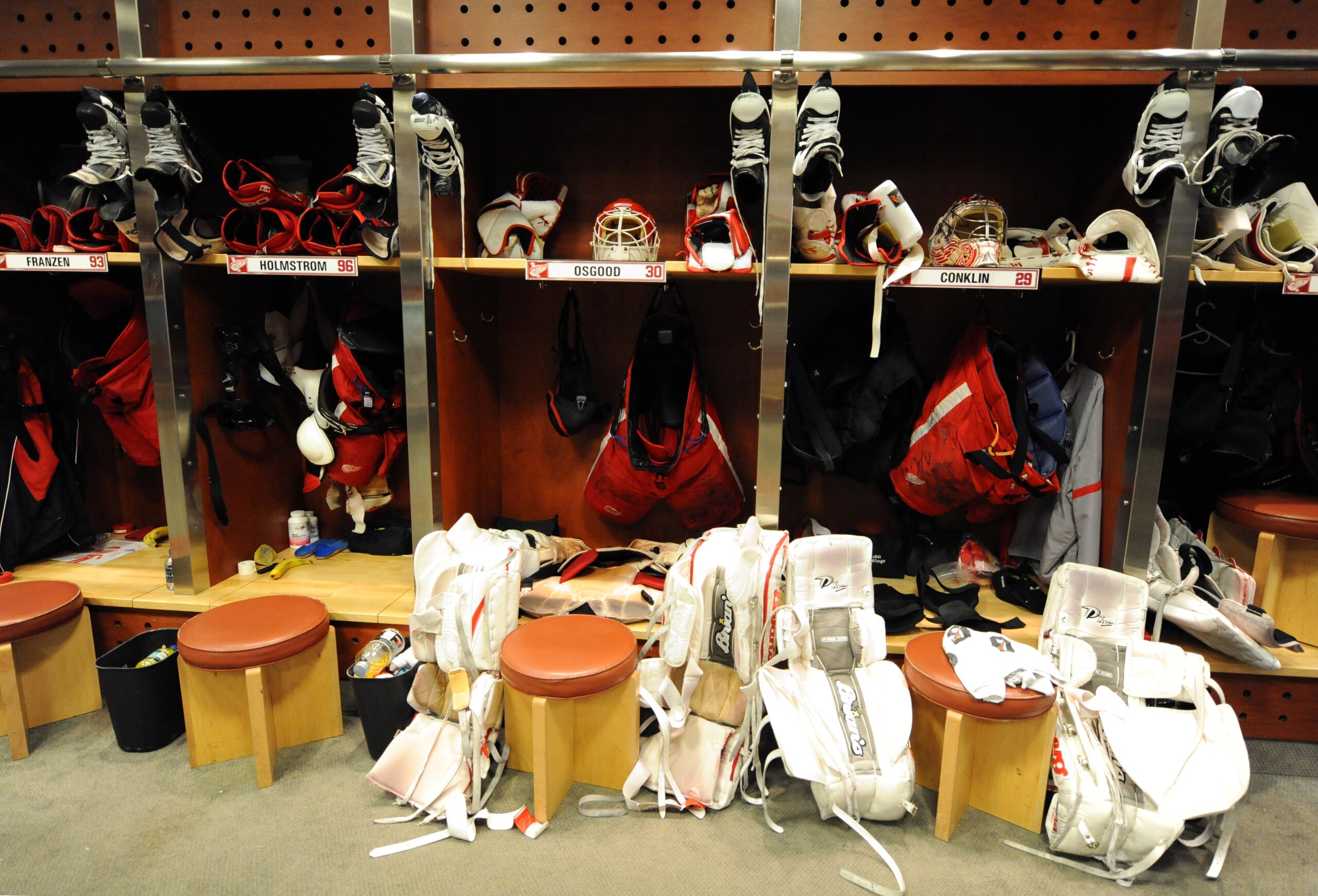 DETROIT - JUNE 12:  A detailted view of the locker room stalls of the Detroit Red Wings after Game Seven of the 2009 NHL Stanley Cup Finals against the Pittsburgh Penguins at Joe Louis Arena on June 12, 2009 in Detroit, Michigan. The Penguins defeated the