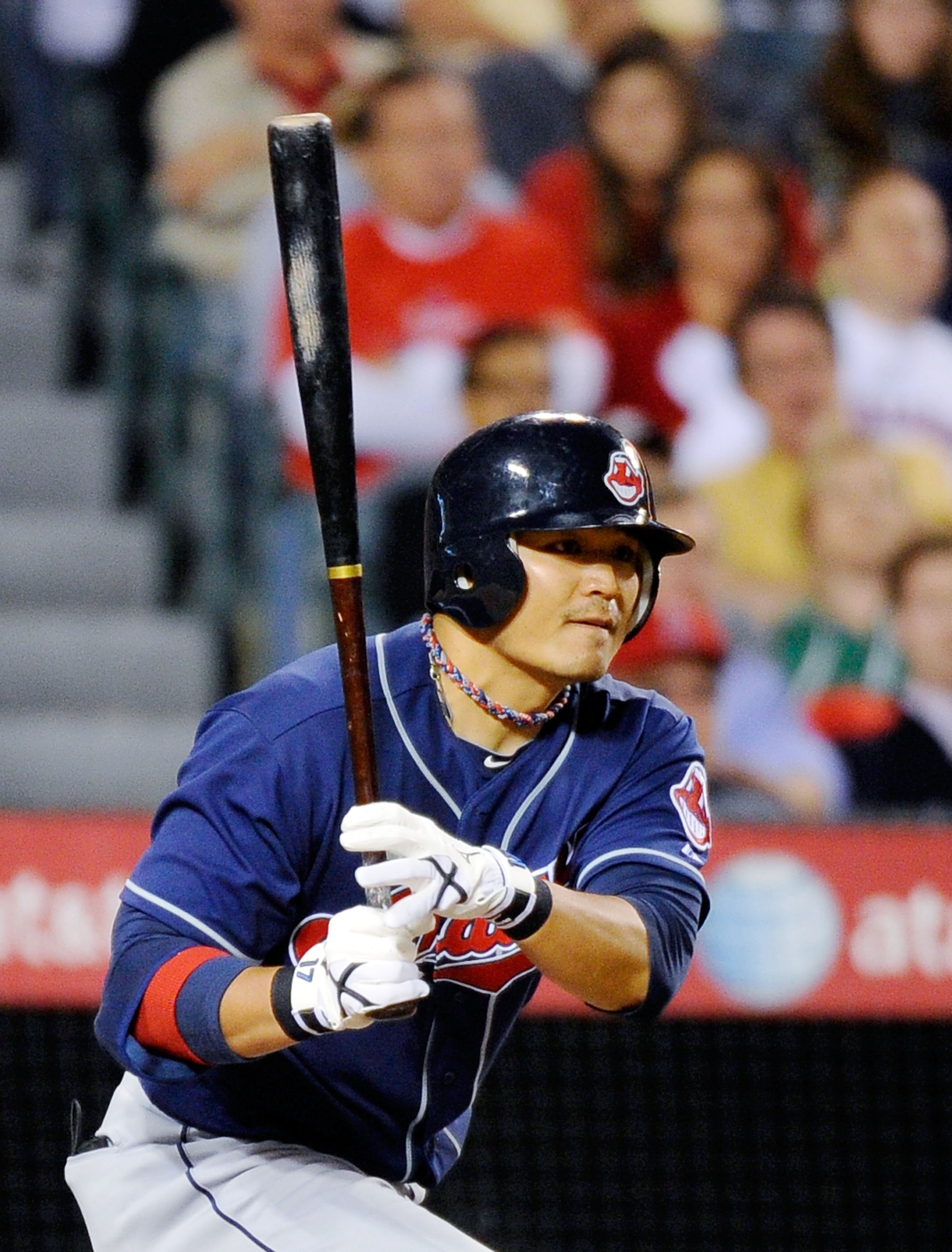 ANAHEIM, CA - APRIL 26:  Shin-Soo Choo #17 of the Cleveland Indians gets a base hit in the third inning against the Los Angeles Angels of Anaheim on April 26, 2010 at Angel Stadium in Anaheim, California.  (Photo by Kevork Djansezian/Getty Images)
