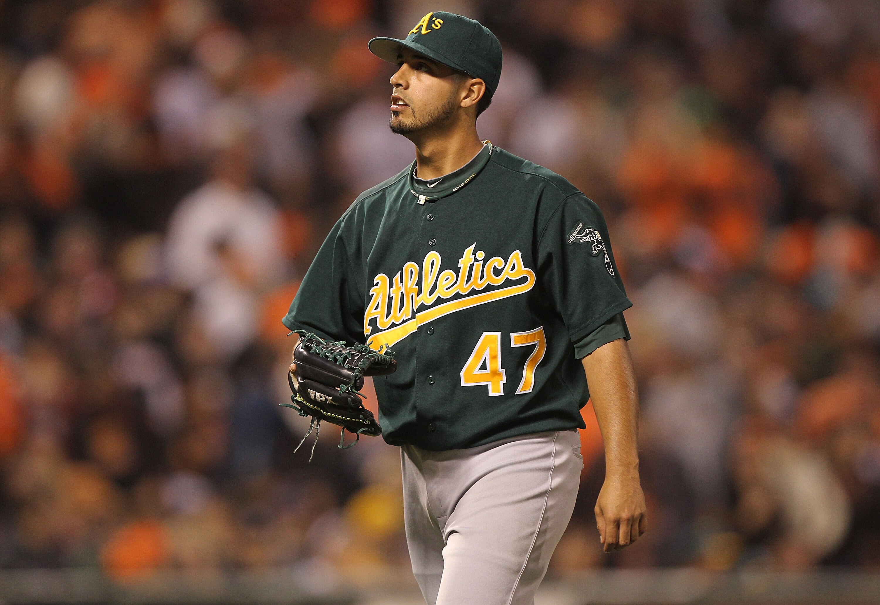 SAN FRANCISCO - JUNE 11:  Gio Gonzalez #47 of the Oakland Athletics leaves the game in the sixth inning against the San Francisco Giants during an MLB game at AT&T Park on June 11, 2010 in San Francisco, California.  (Photo by Jed Jacobsohn/Getty Images)