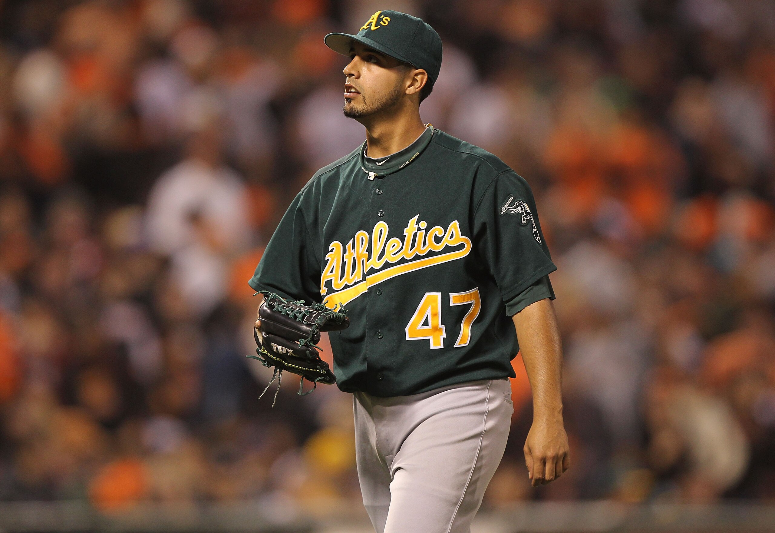 SAN FRANCISCO - JUNE 11:  Gio Gonzalez #47 of the Oakland Athletics leaves the game in the sixth inning against the San Francisco Giants during an MLB game at AT&T Park on June 11, 2010 in San Francisco, California.  (Photo by Jed Jacobsohn/Getty Images)
