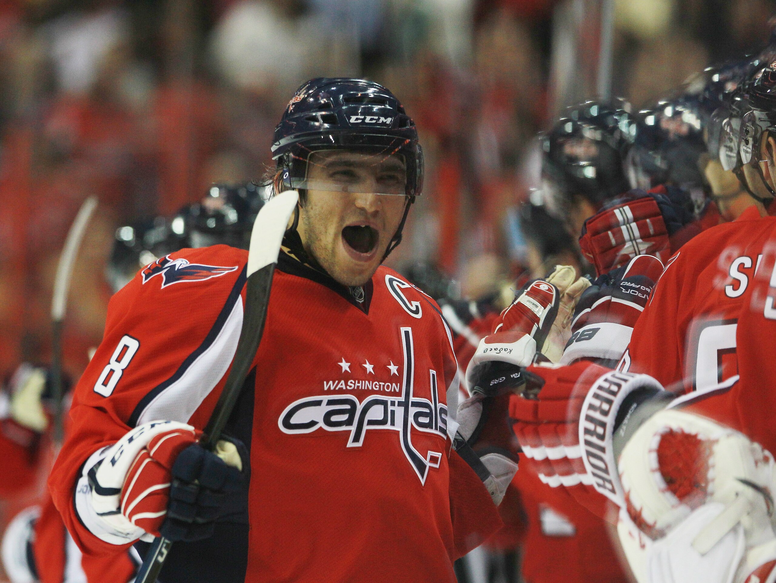 WASHINGTON - OCTOBER 13: Alex Ovechkin #8 of the Washington Capitals celebrates Nicklas Backstrom's game winning goal against the New York Islanders at the Verizon Center on October 13, 2010 in Washington, DC. The Capitals defeated the Islanders 2-1. (Pho