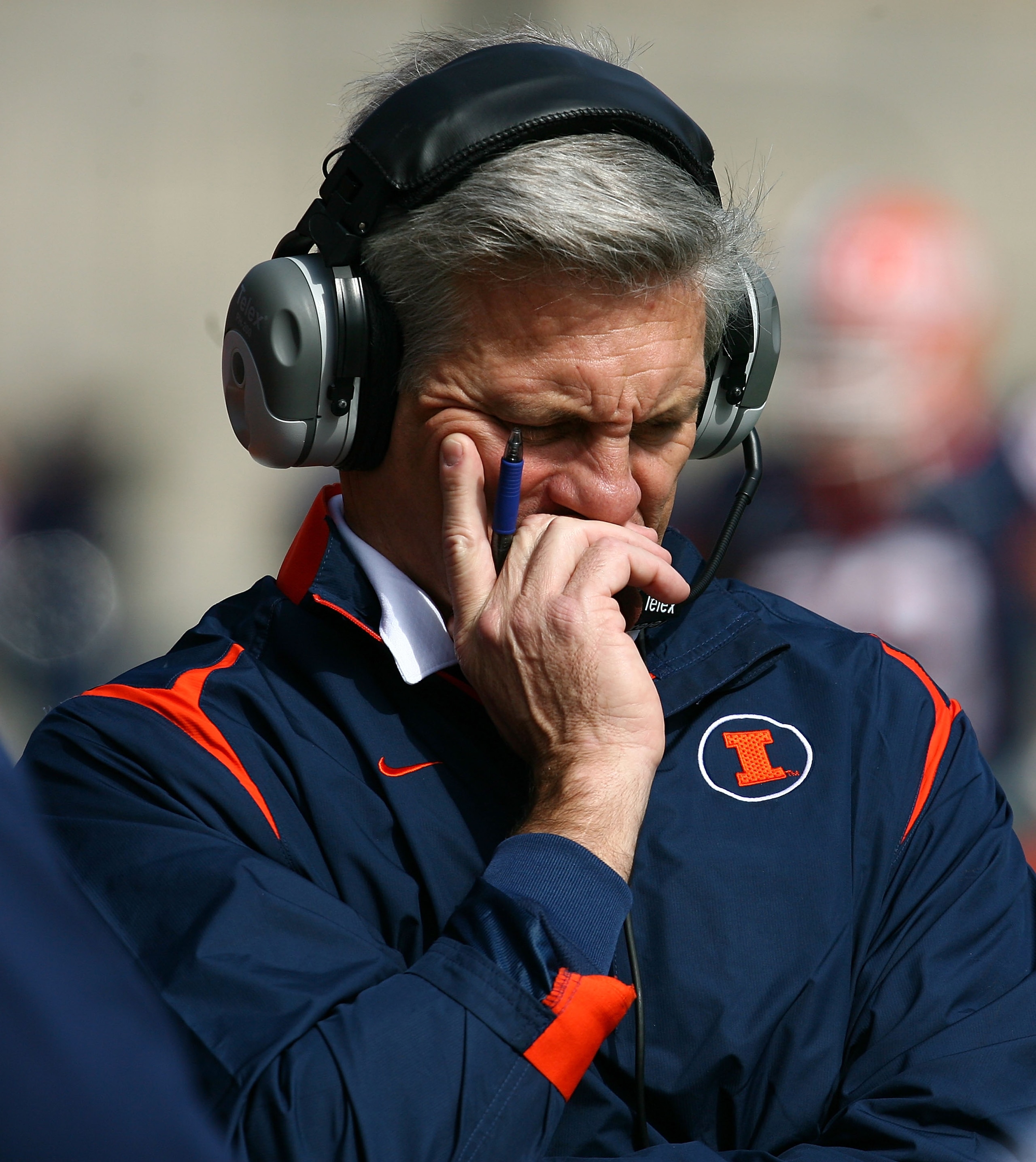 CHAMPAIGN, IL - OCTOBER 10: Head coach Ron Zook of the Illinois Fighting Illini walks the sidelines during a game against the Michigan State Spartans on October 10, 2009 at Memorial Stadium at the University of Illinois in Champaign, Illinois. (Photo by J