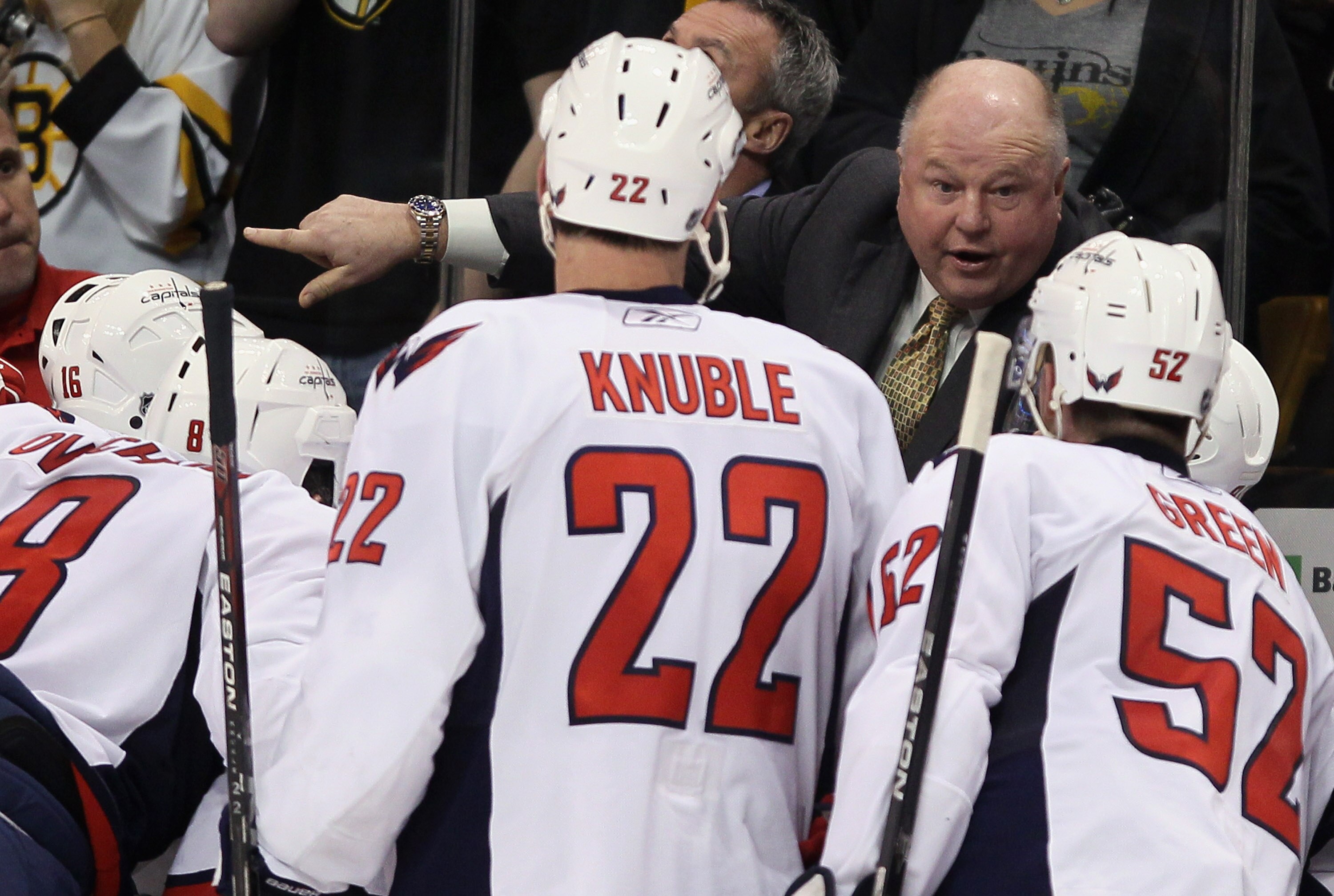 BOSTON, MA - DECEMBER 18:  Head coach Bruce Boudreau of the Washington Capitals talks with his players on the bench in the third period against the Boston Bruins on December 18, 2010 at the TD Garden in Boston, Massachusetts. The Bruins defeated the Capit