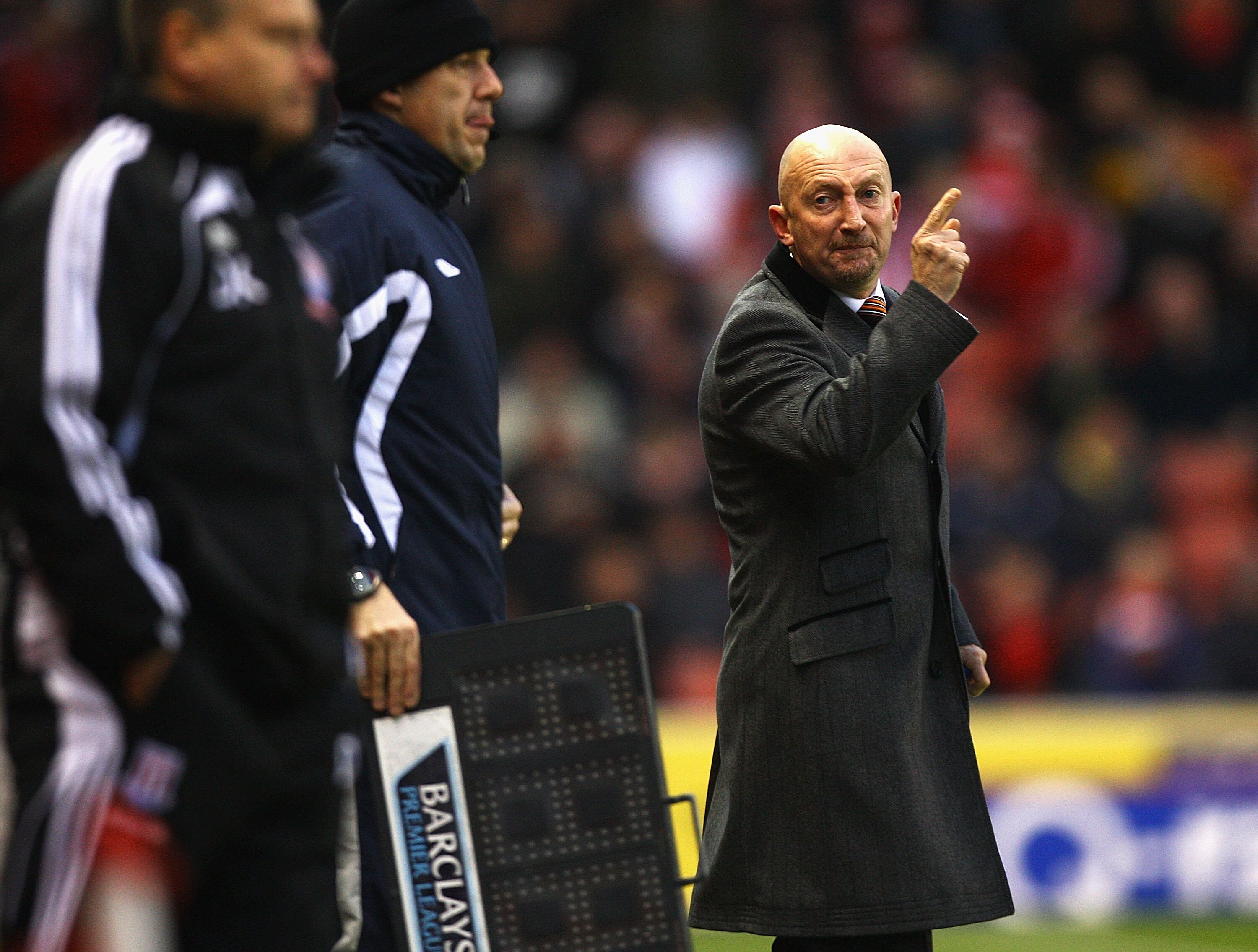 STOKE ON TRENT, ENGLAND - DECEMBER 11:  Ian Holloway, manager of Blackpool shows his frustration  during the Barclays Premier League match between Stoke City and Blackpool at Britannia Stadium on December 11, 2010 in Stoke on Trent, England.  (Photo by Ma