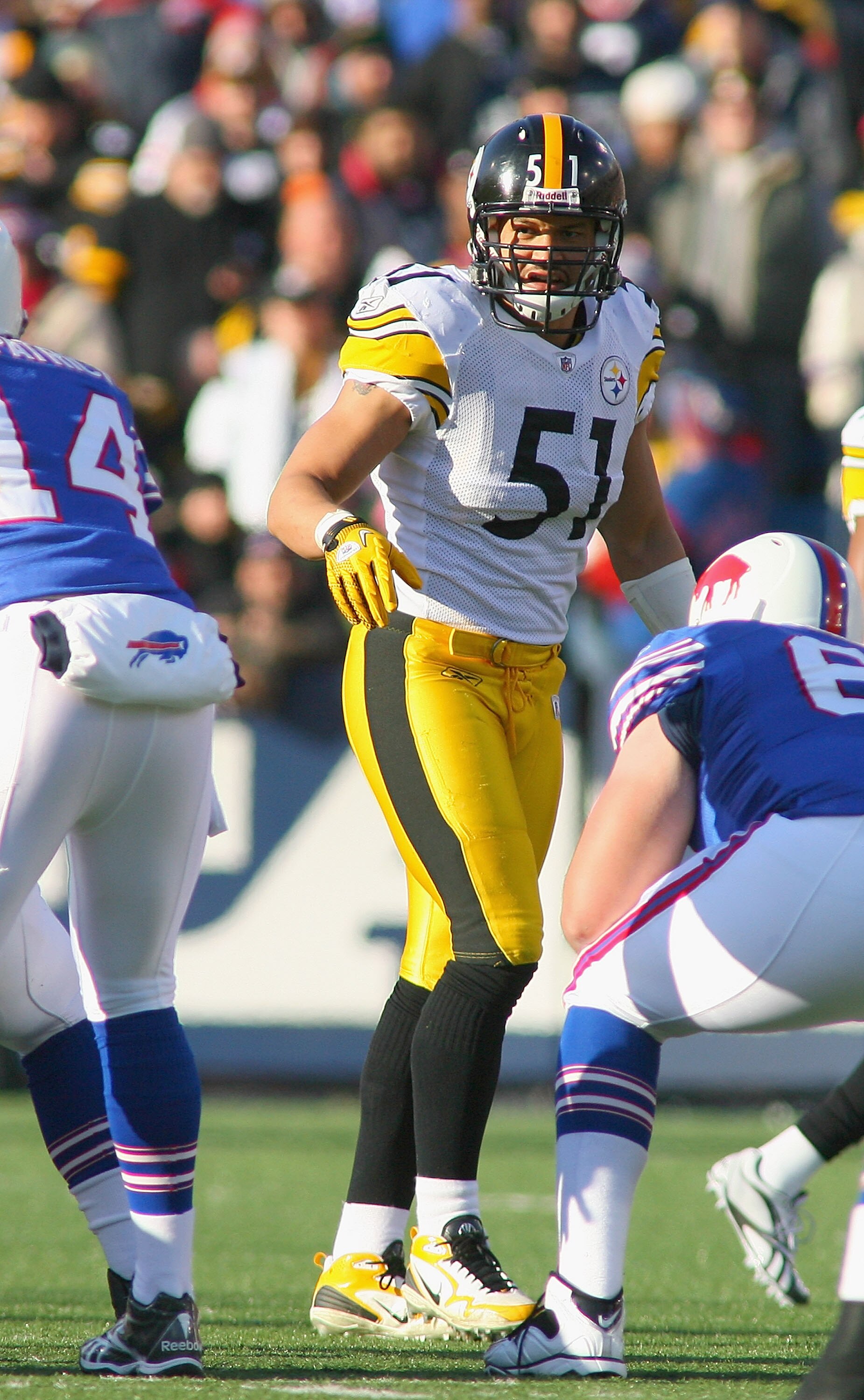 ORCHARD PARK, NY - NOVEMBER 28:  James Farrior #51 of the Pittsburgh Steelers waits for the snap against the Buffalo Bills  at Ralph Wilson Stadium on November 28, 2010 in Orchard Park, New York. Pittsburgh won 19-16 in overtime.  (Photo by Rick Stewart/G