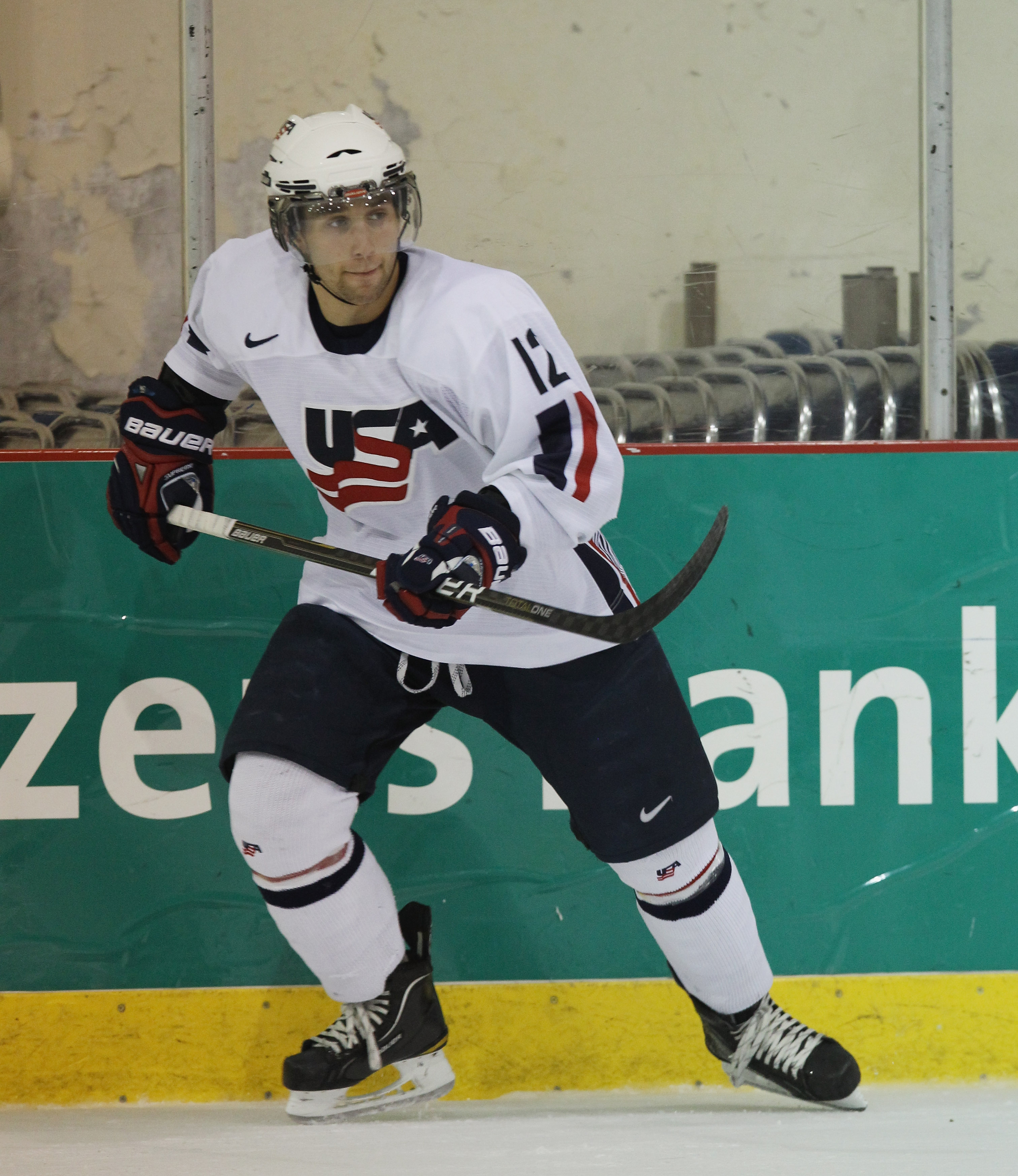 LAKE PLACID, NY - AUGUST 03:  Jason Zucker #12 of Team USA skates against Team Sweden at the USA Hockey National Evaluation Camp on August 3, 2010 in Lake Placid, New York. Team USA defeated Team Sweden 6-3. (Photo by Bruce Bennett/Getty Images)