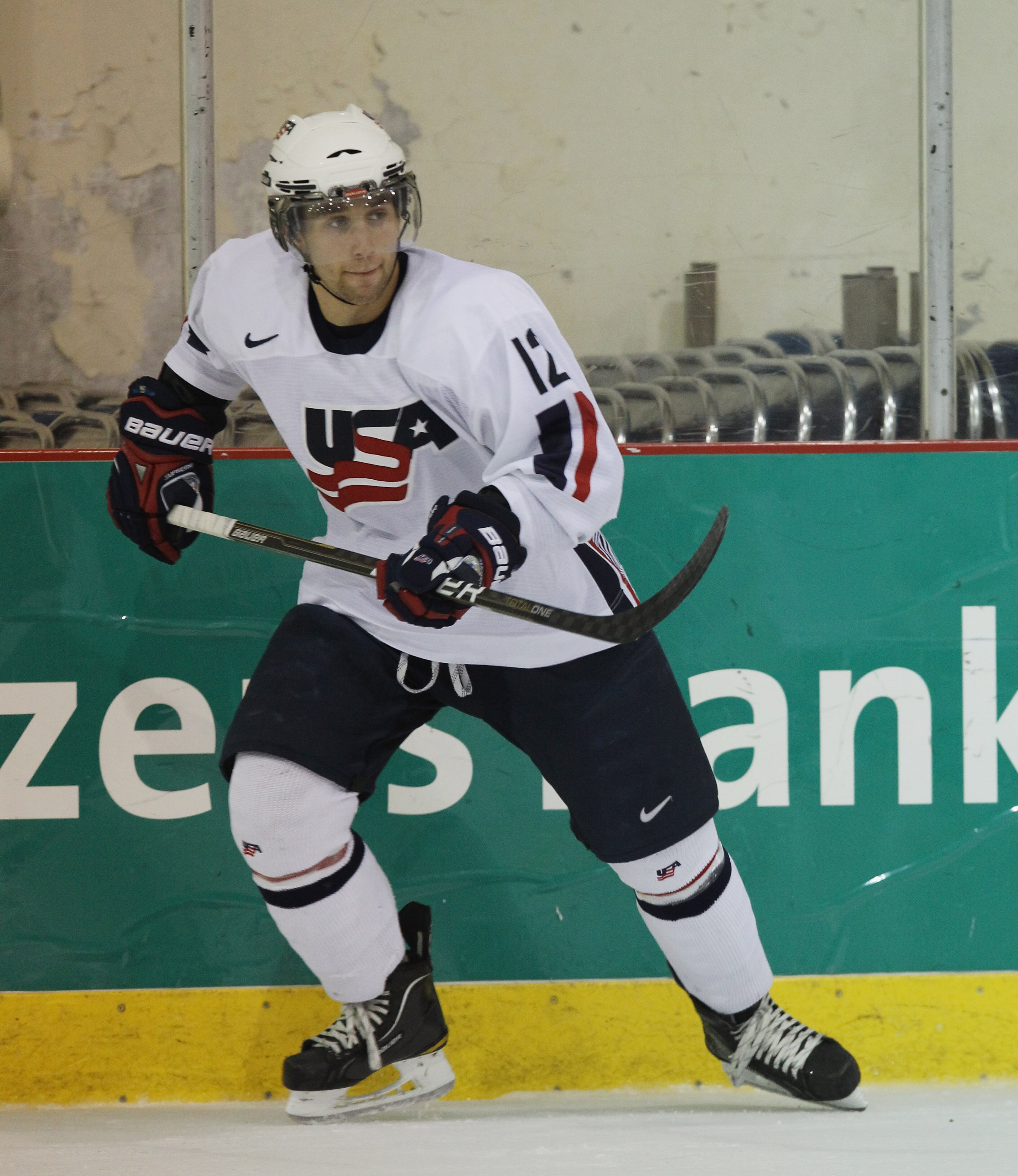 LAKE PLACID, NY - AUGUST 03:  Jason Zucker #12 of Team USA skates against Team Sweden at the USA Hockey National Evaluation Camp on August 3, 2010 in Lake Placid, New York. Team USA defeated Team Sweden 6-3. (Photo by Bruce Bennett/Getty Images)