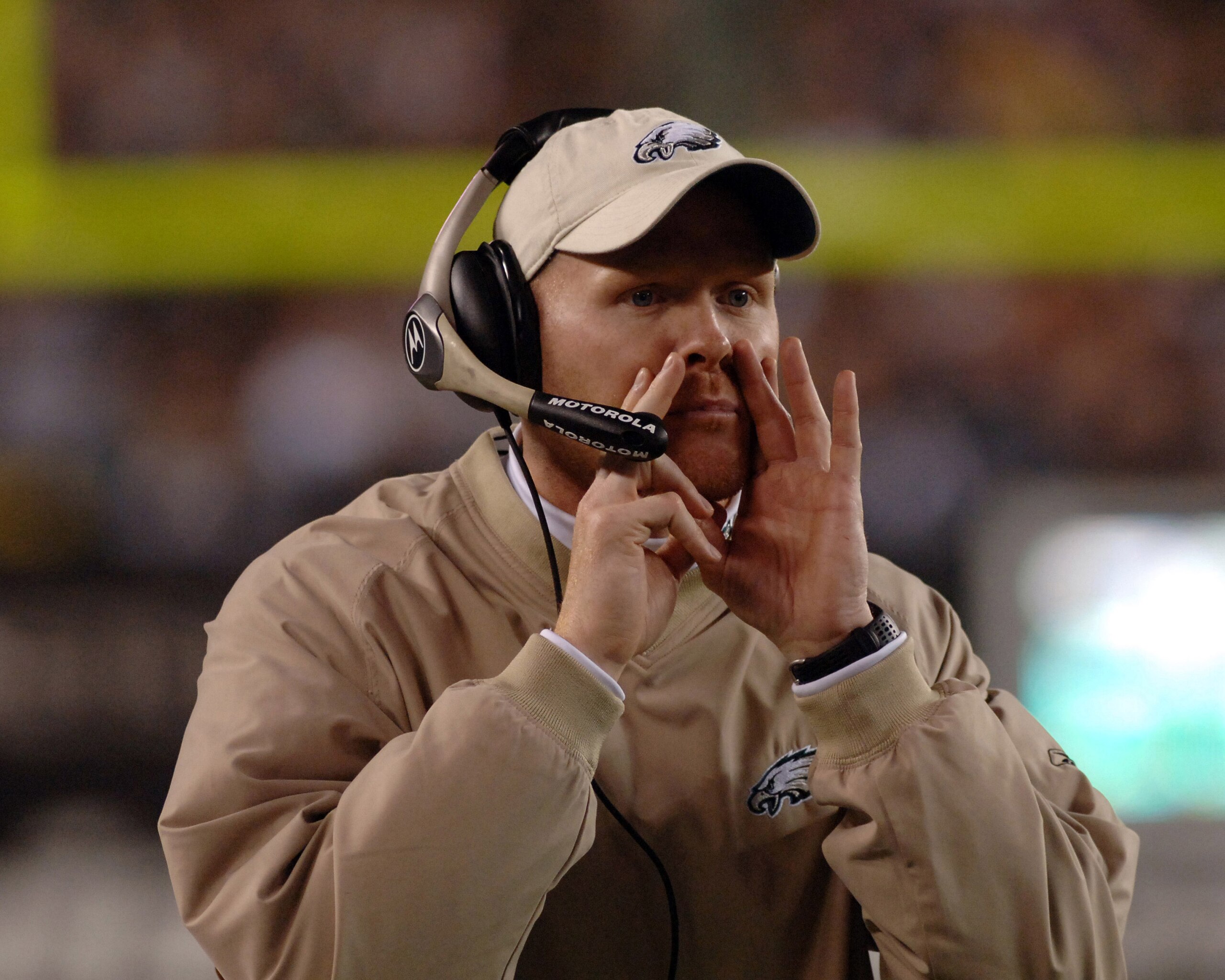 Philadelphia Eagles secondary coach Sean McDermott directs the defense  against the Dallas Cowboys November 14, 2005 at Lincoln Financial Field in Philadelphia.  The Cowboys defeated the Eagles 21 - 20.  (Photo by Al Messerschmidt/Getty Images)