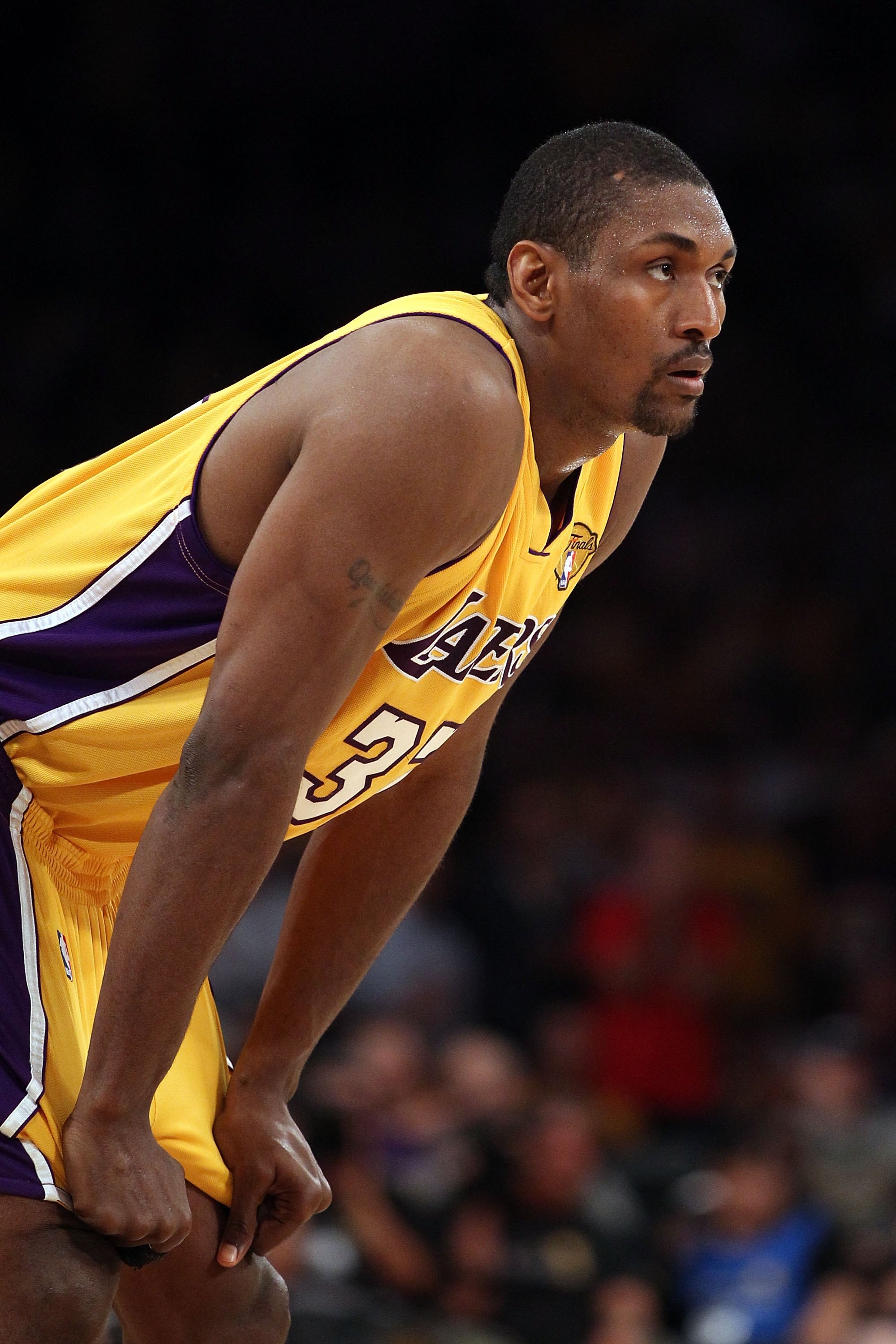 LOS ANGELES, CA - JUNE 17:  Ron Artest #37 of the Los Angeles Lakers look on in Game Seven of the 2010 NBA Finals against the Boston Celtics at Staples Center on June 17, 2010 in Los Angeles, California.  NOTE TO USER: User expressly acknowledges and agre