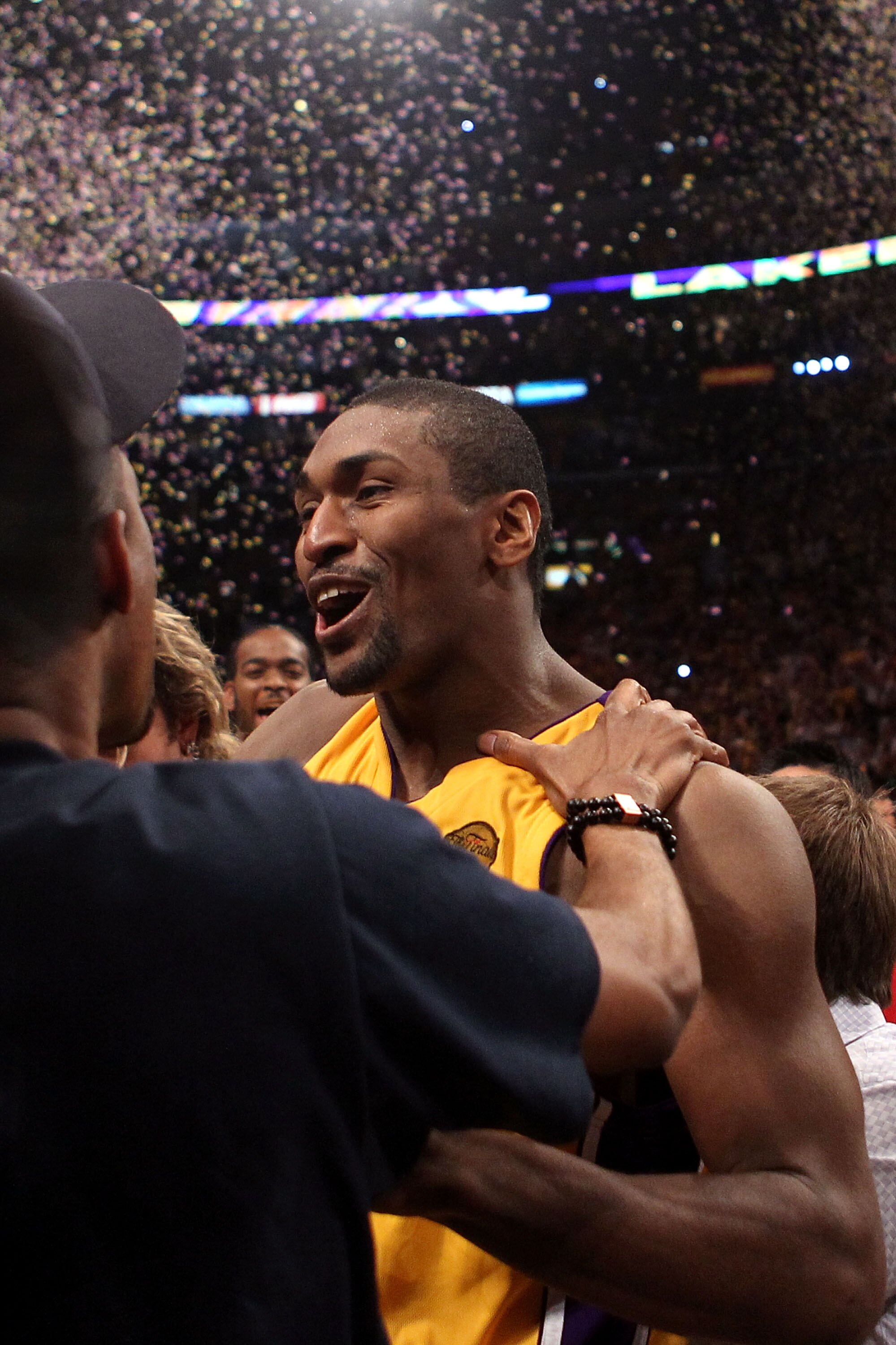 LOS ANGELES, CA - JUNE 17:  Ron Artest #37 of the Los Angeles Lakers celebrates as the Lakers defeated the Boston Celtics in Game Seven of the 2010 NBA Finals at Staples Center on June 17, 2010 in Los Angeles, California.  NOTE TO USER: User expressly ack