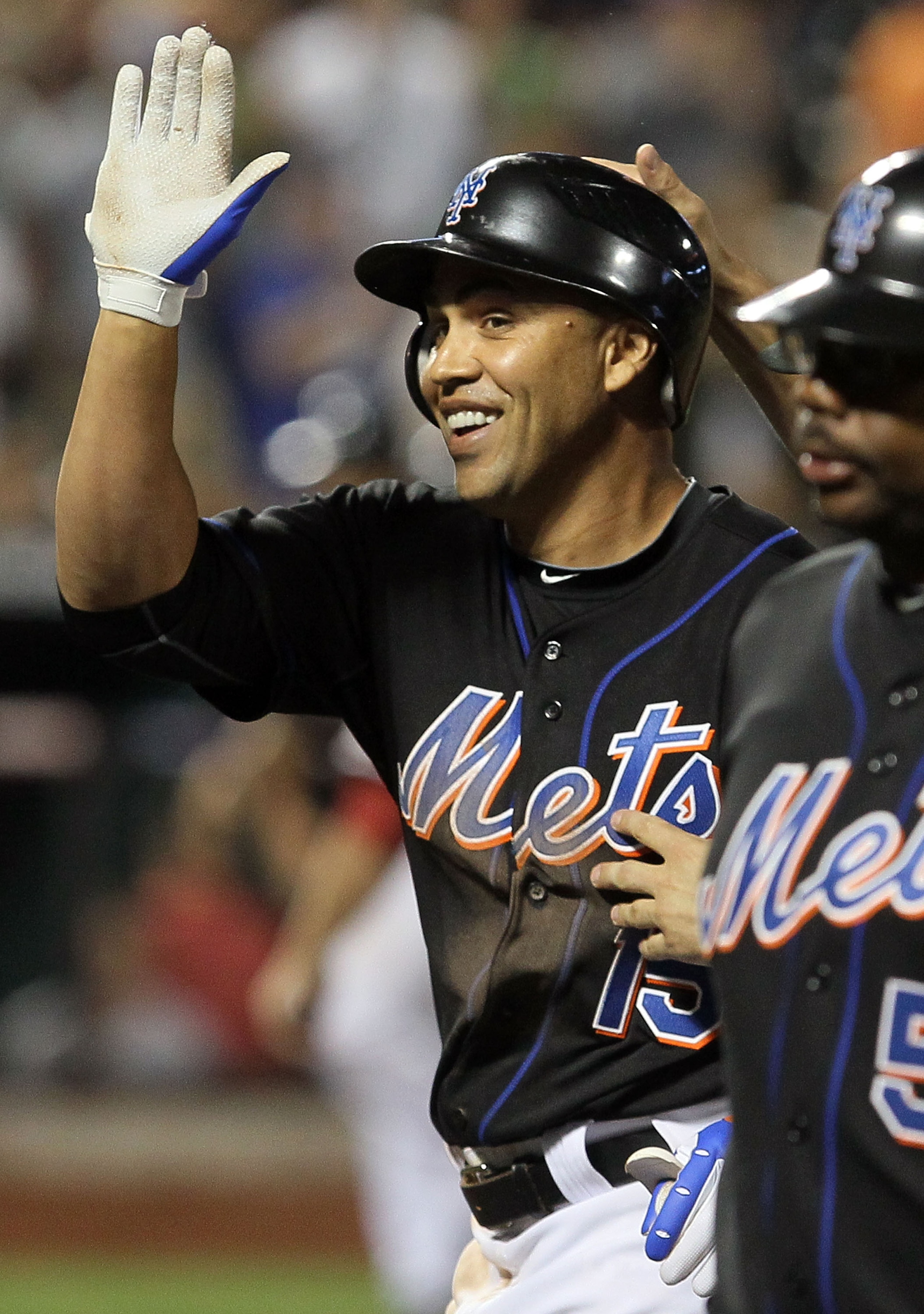 NEW YORK - JULY 31:  Carlos Beltran #15 of the New York Mets celebrates his game winning walk off sacrifice fly against the Arizona Diamondbacks on July 31, 2010 at Citi Field in the Flushing neighborhood of the Queens borough of New York City. The Mets d