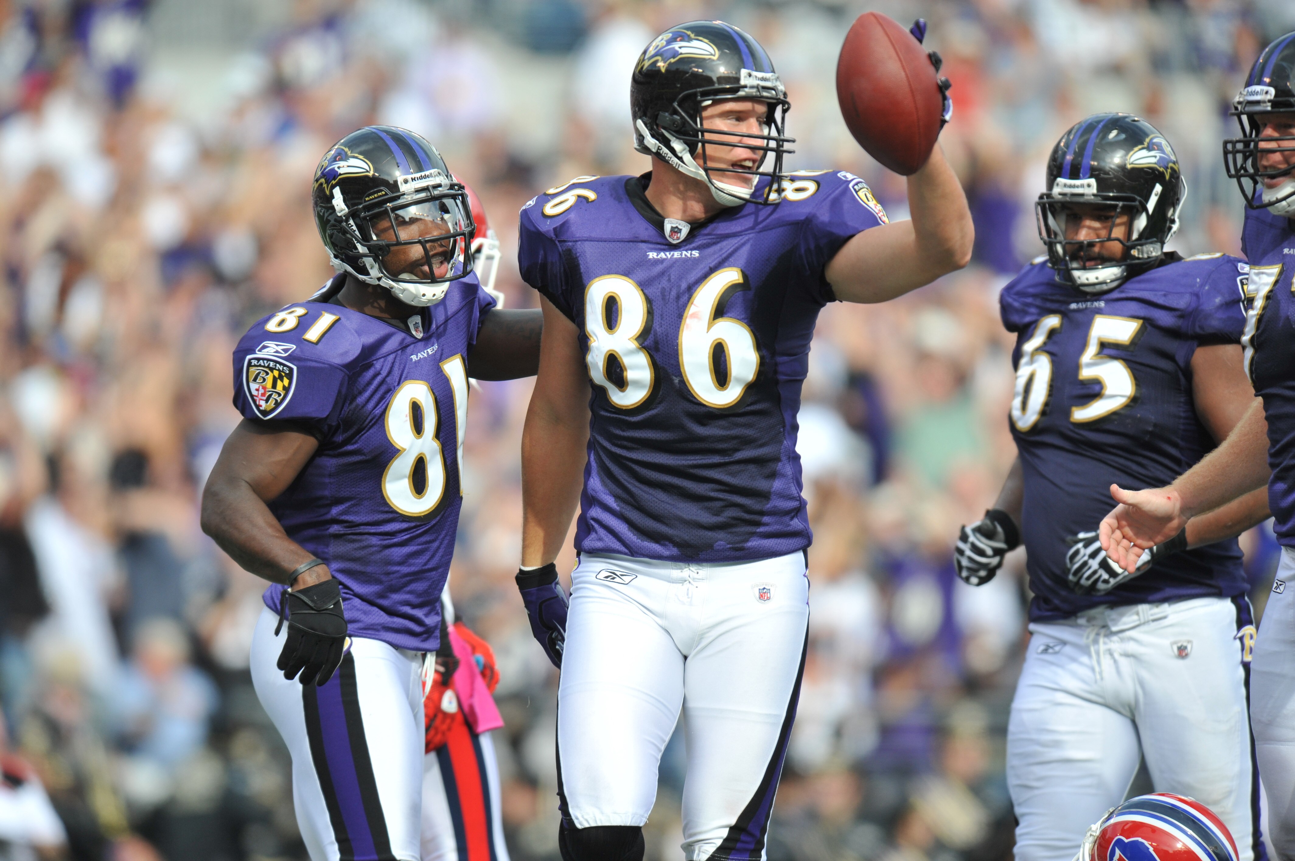 BALTIMORE, MD - OCTOBER 24:  Todd Heap #86 of the Baltimore Ravens celebrates a touchdown against the Buffalo Bills at M&T Bank Stadium on October 24, 2010 in Baltimore, Maryland. The Bills lead the Ravens at the half 24-20. (Photo by Larry French/Getty I