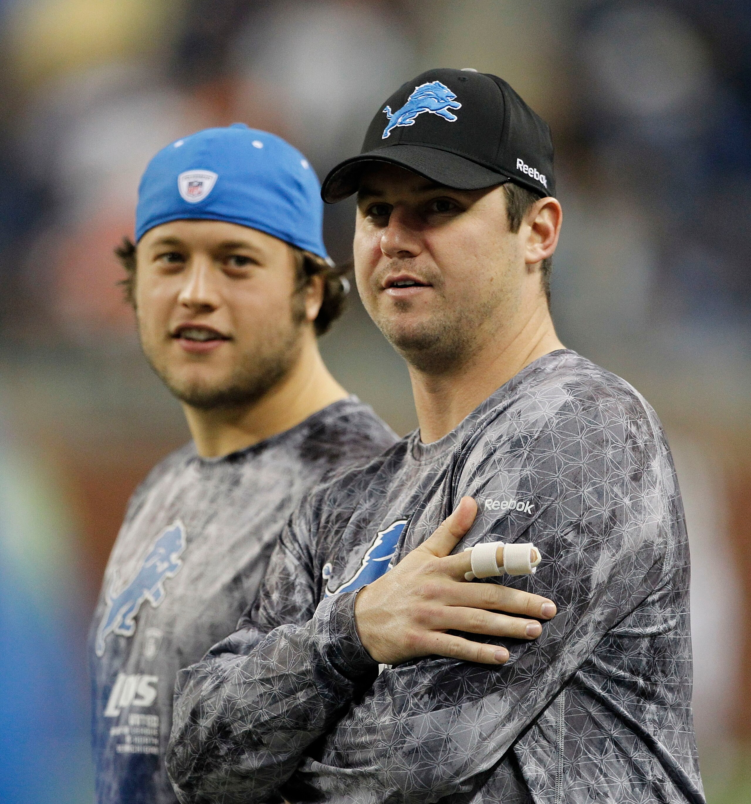 DETROIT - DECEMBER 05: Matthew Stafford #9 and Shaun Hill #14 of the Detroit Lions watch the pregame warm-up prior to the start of the game against the Chicago Bears at Ford Field on December 5, 2010 in Detroit, Michigan. (Photo by Leon Halip/Getty Image DETROIT - DECEMBER 05: Matthew Stafford #9 and Shaun Hill #14 of the Detroit Lions watch the pregame warm-up prior to the start of the game against the Chicago Bears at Ford Field on December 5, 2010 in Detroit, Michigan. (Photo by Leon Halip/Getty Image