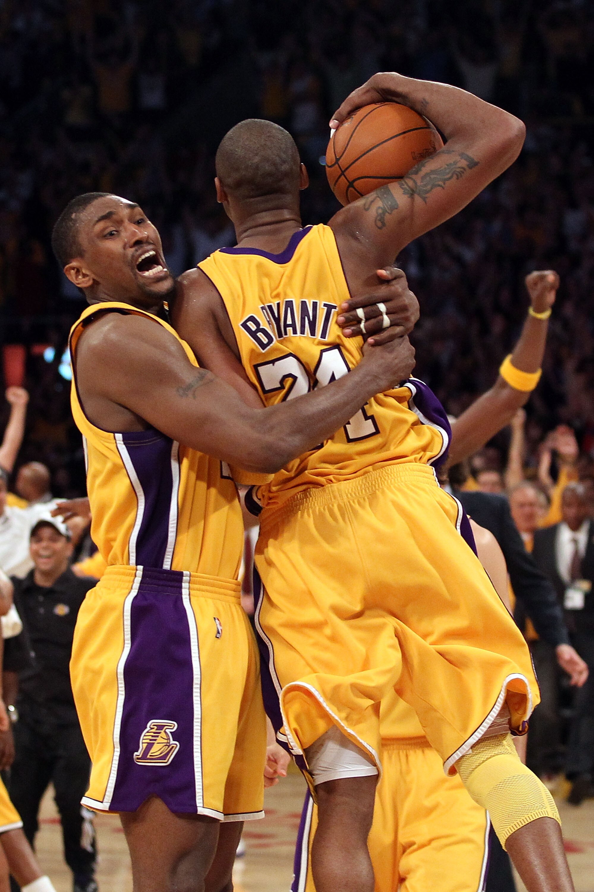 LOS ANGELES, CA - JUNE 17:  Ron Artest #37 and Kobe Bryant #24 of the Los Angeles Lakers celebrates as the Lakers defeated the Boston Celtics in Game Seven of the 2010 NBA Finals at Staples Center on June 17, 2010 in Los Angeles, California.  NOTE TO USER