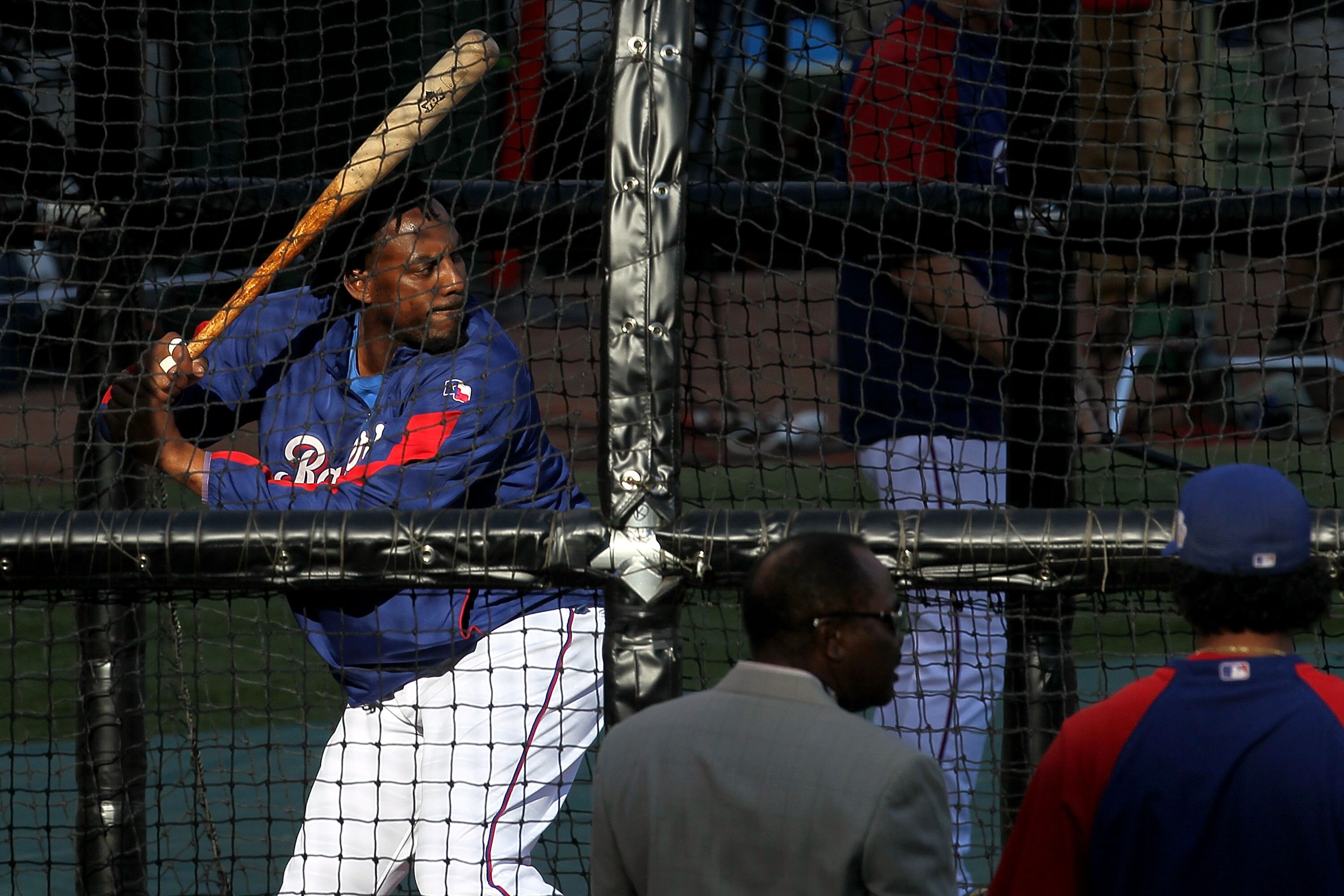 ARLINGTON, TX - NOVEMBER 01: Vladimir Guerrero #27 of the Texas Rangers takes batting practice against the San Francisco Giants in Game Five of the 2010 MLB World Series at Rangers Ballpark in Arlington on November 1, 2010 in Arlington, Texas.  (Photo by