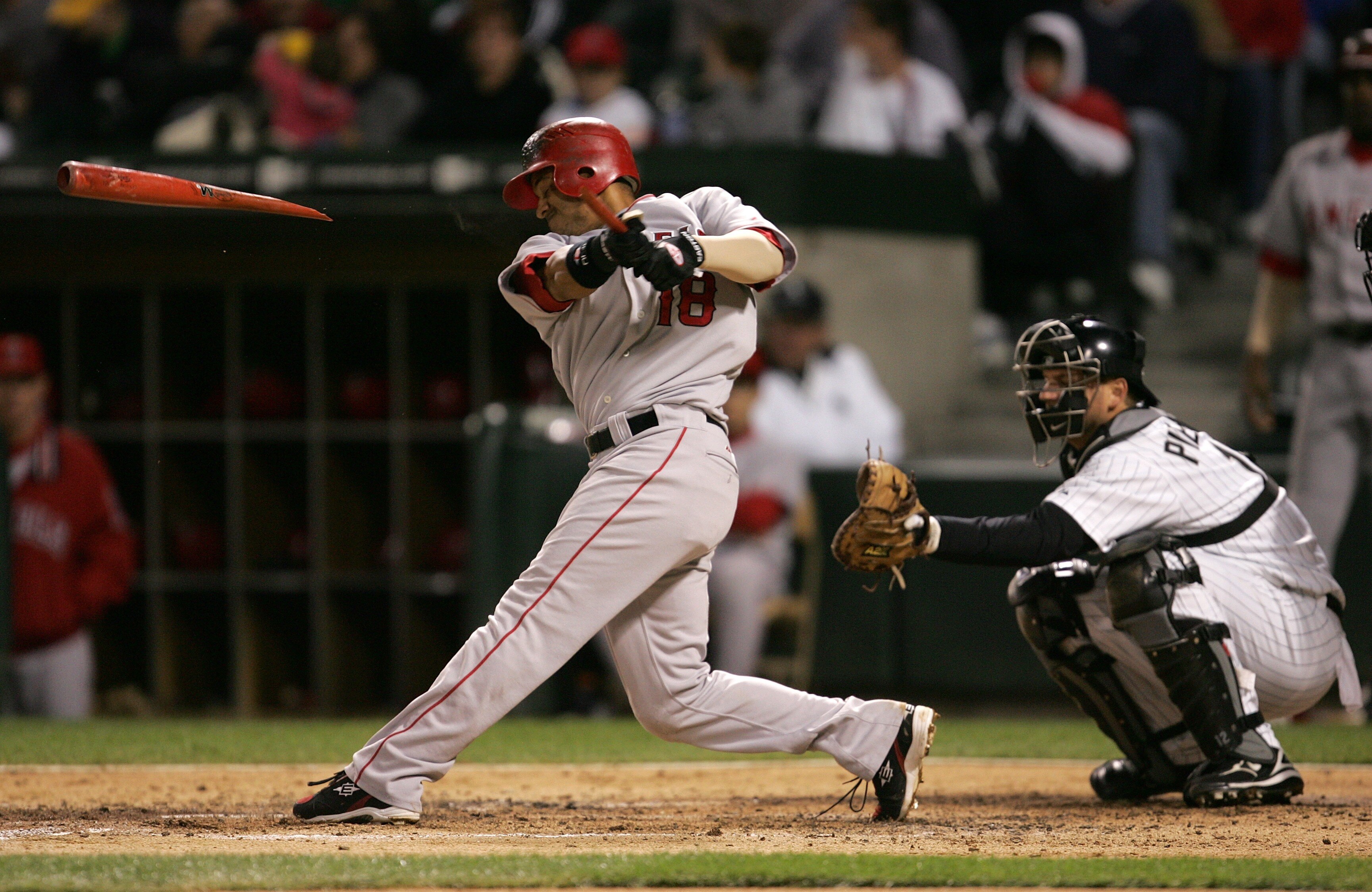 CHICAGO - SEPTEMBER 15:  Orlando Cabera #18 of the Los Angeles Angels of Anaheim breaks his bat while batting in the top of the fourth inning against Jon Garland #20 of the Chicago White Sox at U.S. Cellular Field on September 15, 2007 in Chicago, Illinoi