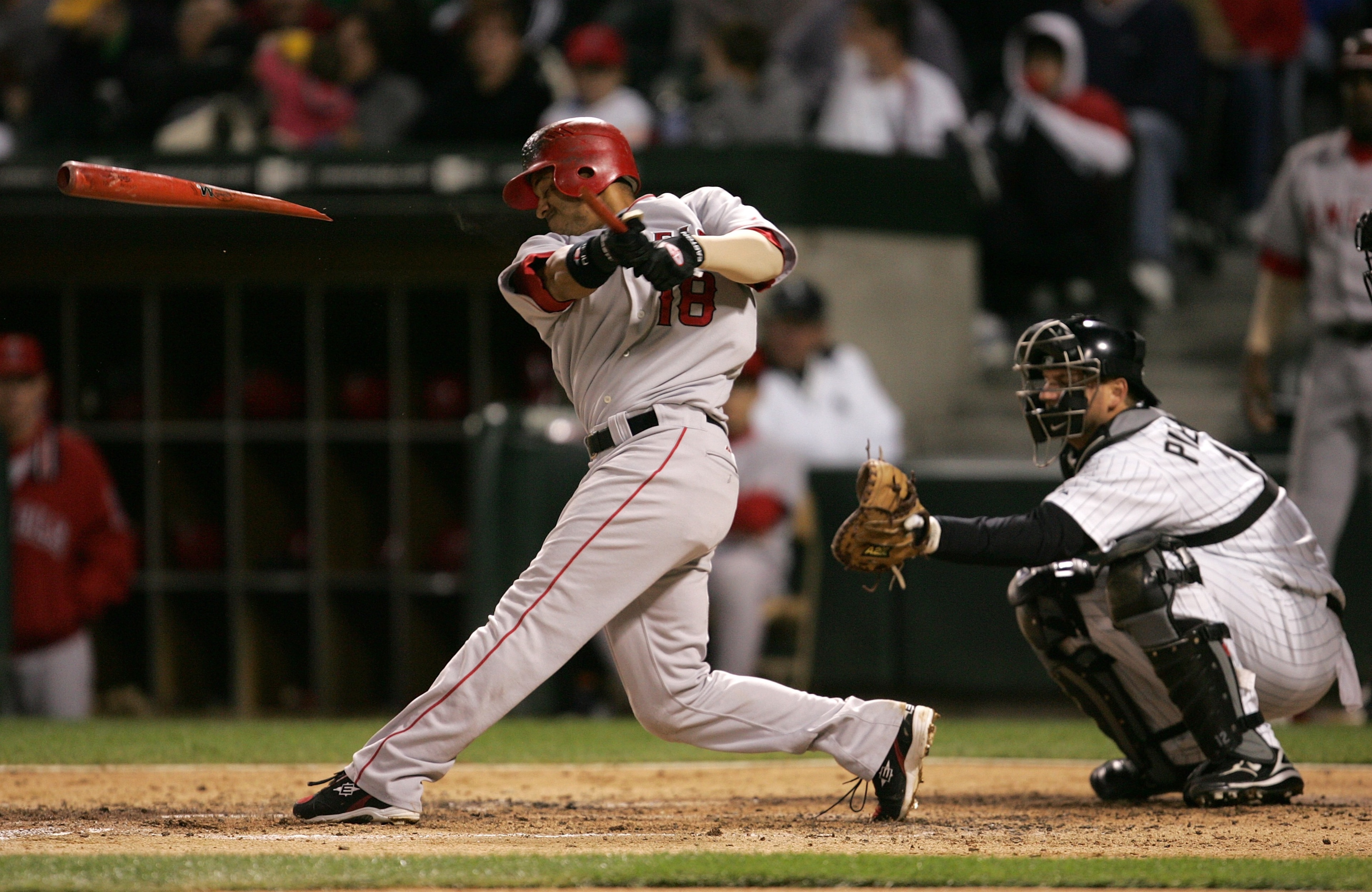 CHICAGO - SEPTEMBER 15:  Orlando Cabera #18 of the Los Angeles Angels of Anaheim breaks his bat while batting in the top of the fourth inning against Jon Garland #20 of the Chicago White Sox at U.S. Cellular Field on September 15, 2007 in Chicago, Illinoi