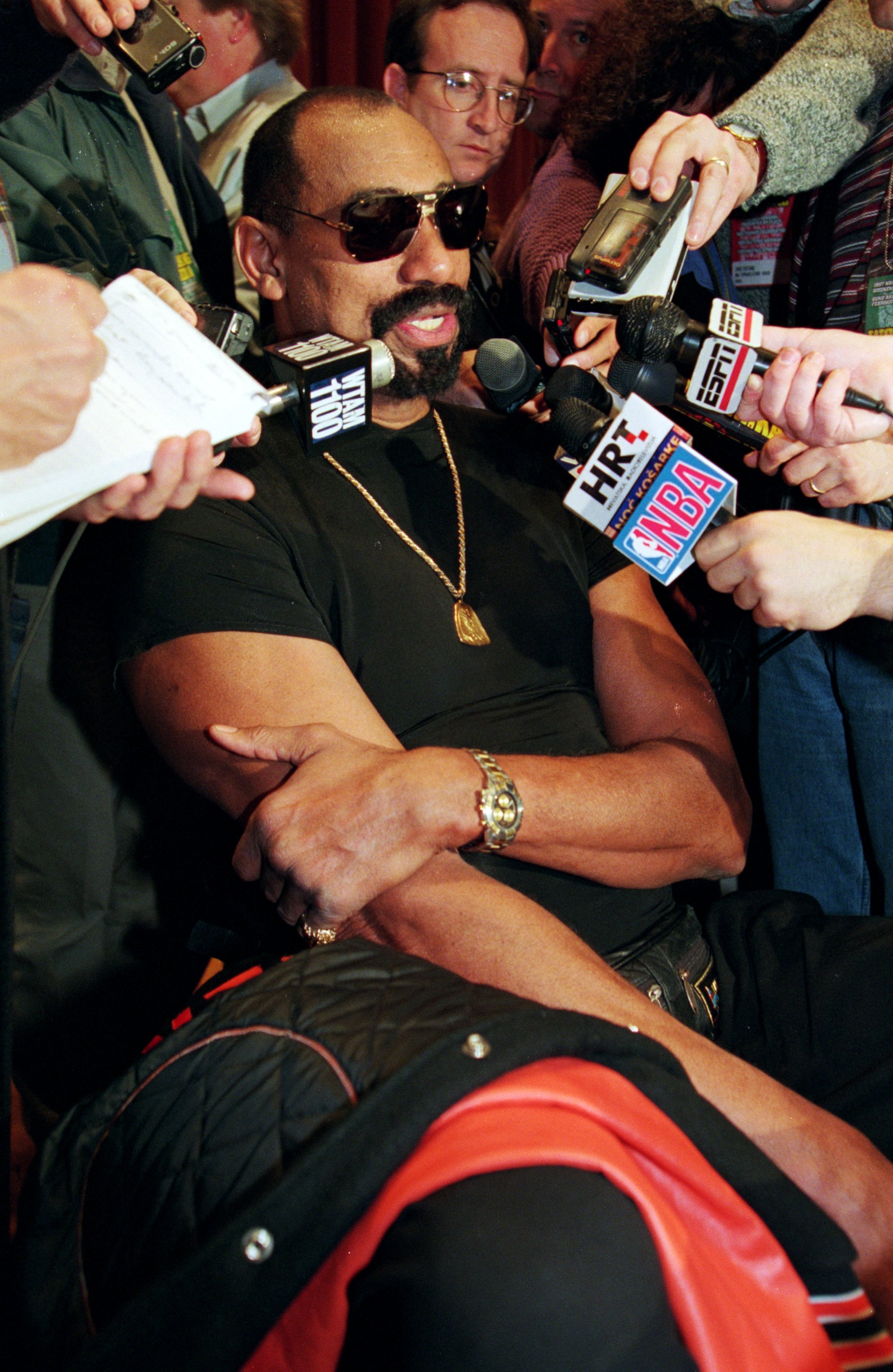 7 Feb 1997:  Former Los Angeles Laker Wilt Chamberlain addresses the media at a press conference before the NBA All-Star Game at the Renaissance Hotel in Cleveland, Ohio. Mandatory Credit: Brian Bahr  /Allsport