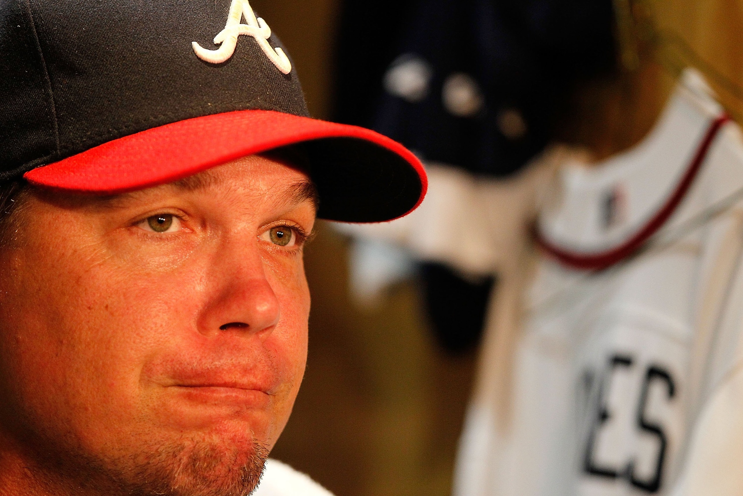 ATLANTA - JUNE 17:  Chipper Jones #10 of the Atlanta Braves holds a press conference at his locker in the team clubhouse to address his retirement before facing the Tampa Bay Rays at Turner Field on June 17, 2010 in Atlanta, Georgia.  (Photo by Kevin C. C