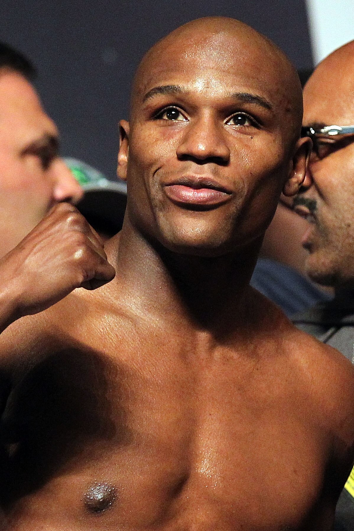 LAS VEGAS - APRIL 30:  Boxer Floyd Mayweather Jr. reacts after he steps on the scale to weigh 146 pounds during the weigh-in for his bout against Shane Mosley at the MGM Grand Garden Arena on April 30, 2010 in Las Vegas, Nevada. Mayweather and Mosley will