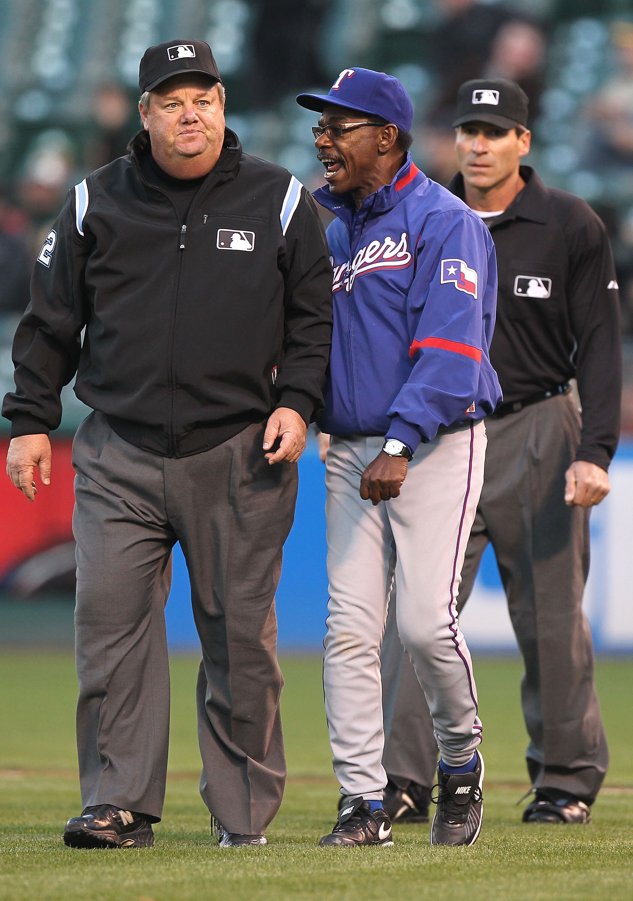 OAKLAND, CA - MAY 3:  Manager Ron Washington of the Texas Rangers is thrown out of the game by umpire Joe West in the second inning against the Oakland Athletics during an MLB game at the Oakland-Alameda County Coliseum on May 3, 2010 in Oakland, Californ