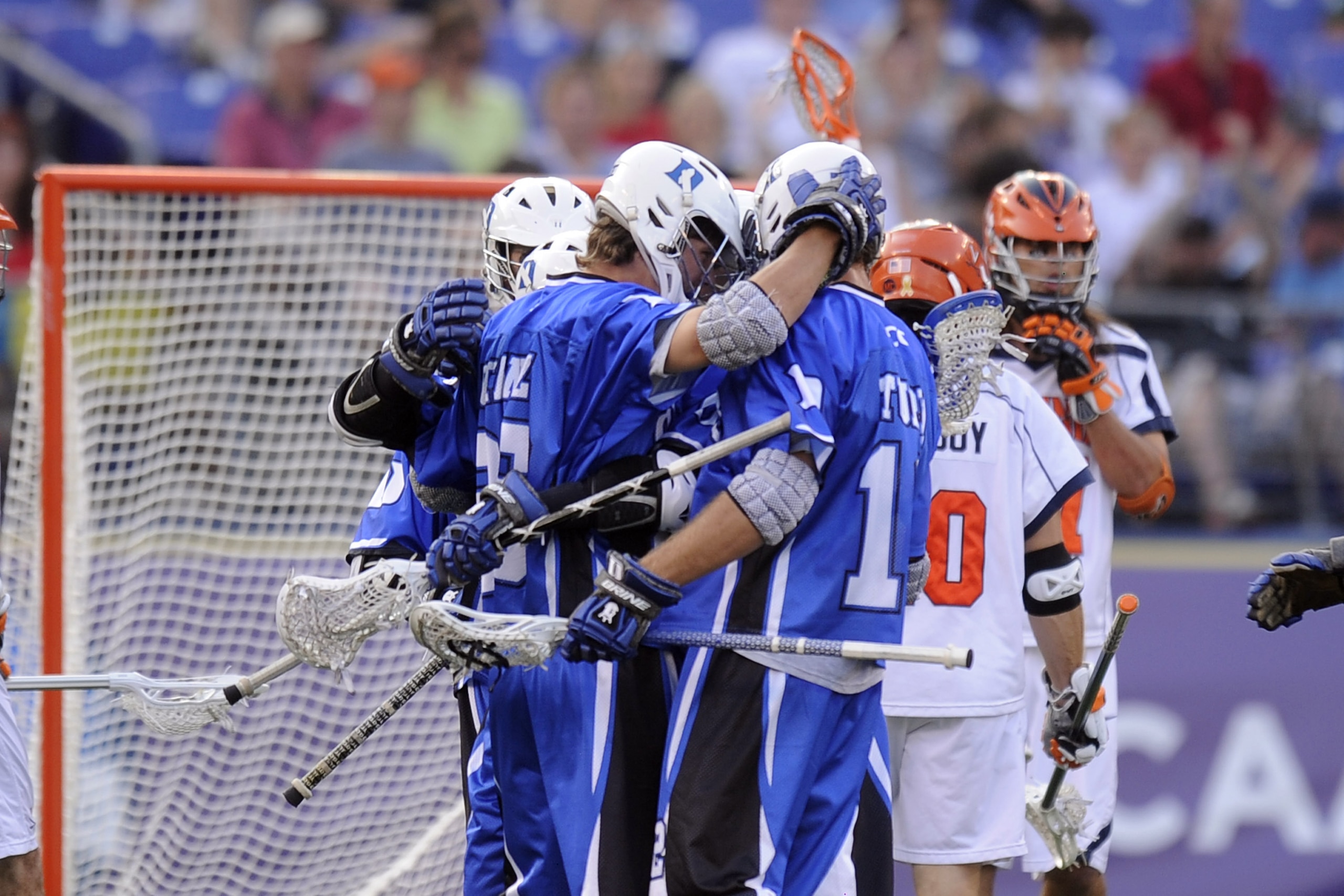 BALTIMORE, MD - MAY 29:  The Duke Blue Devils celebrate a goal against the Virginia Cavaliers during the 2010 NCAA Division 1 Lacrosse Semifinal Championship game on May 29, 2010 at M & T Bank Stadium in Baltimore, Maryland.  (Photo by Mitchell Layton/Get