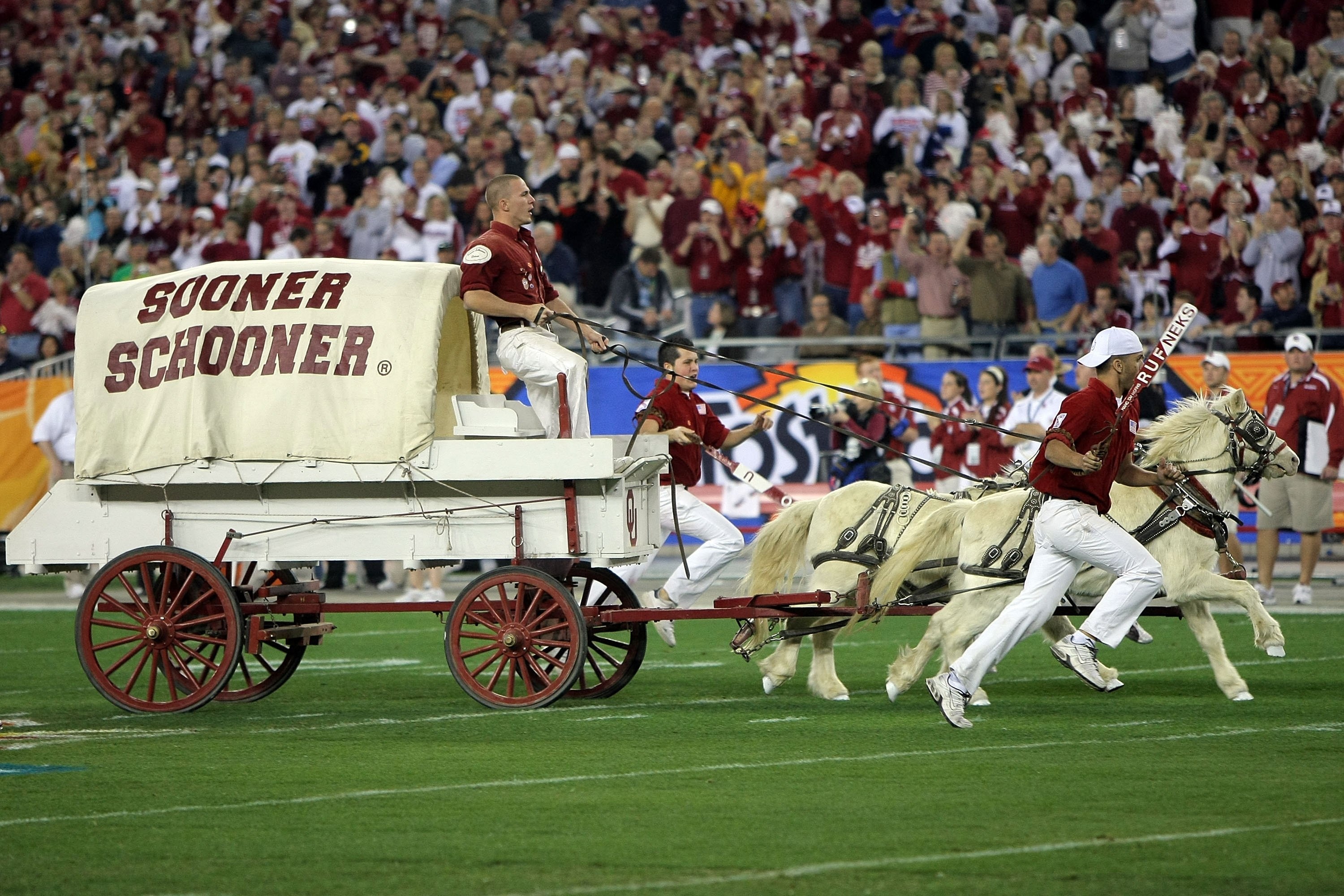 GLENDALE, AZ - JANUARY 02:  Oklahoma Sooner Schooner runs onto the field before the Sooners take on the West Virginia Mountaineers at the Tostito's Fiesta Bowl at University of Phoenix Stadium January 2, 2008 in Glendale, Arizona.  (Photo by Doug Pensinge