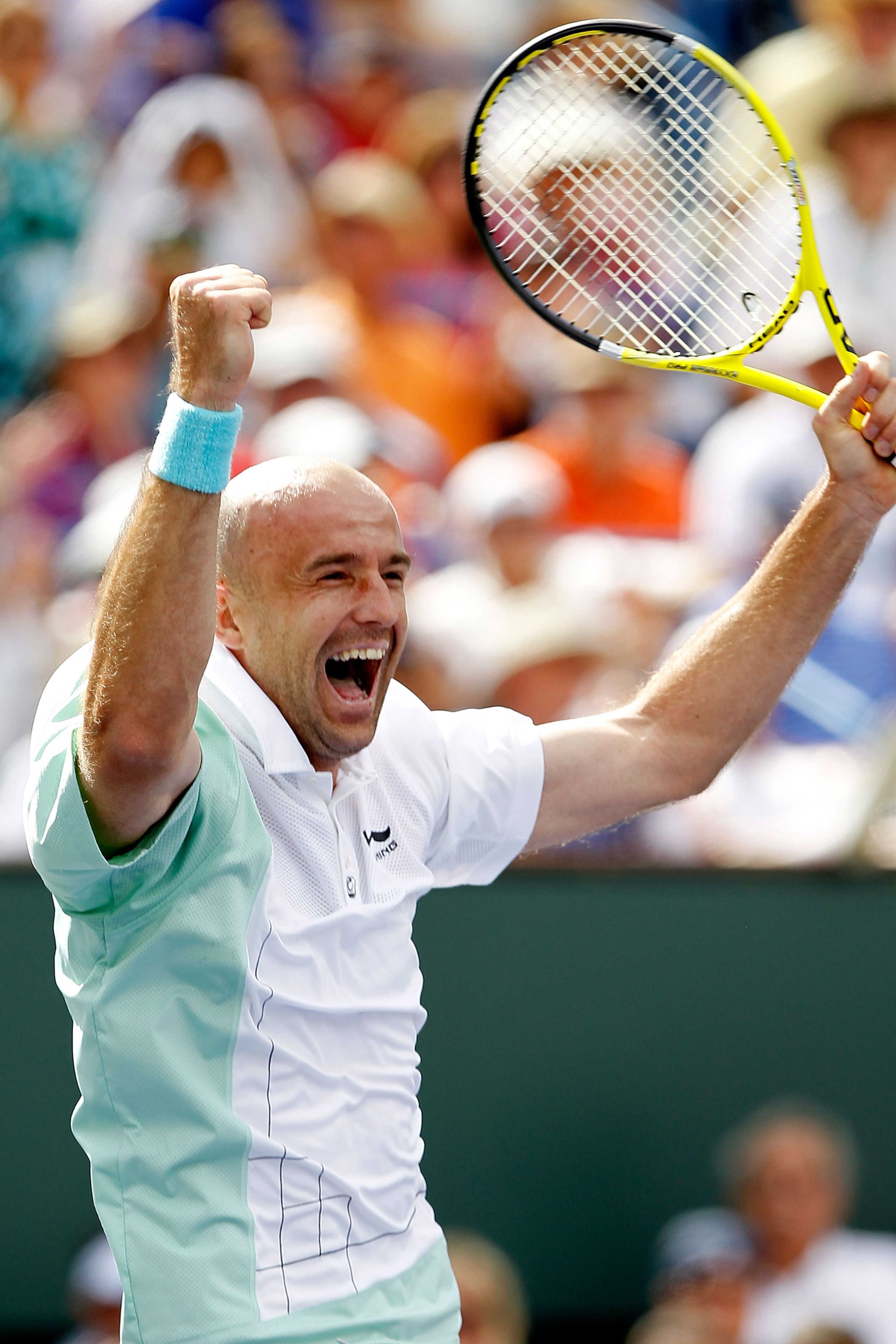 INDIAN WELLS, CA - MARCH 20:  Ivan Ljubicic of Croatia celebrates match point against Rafael Nadal of Spain during the semifinals of the BNP Paribas Open on March 20, 2010 at the Indian Wells Tennis Garden in Indian Wells, California.  (Photo by Matthew S