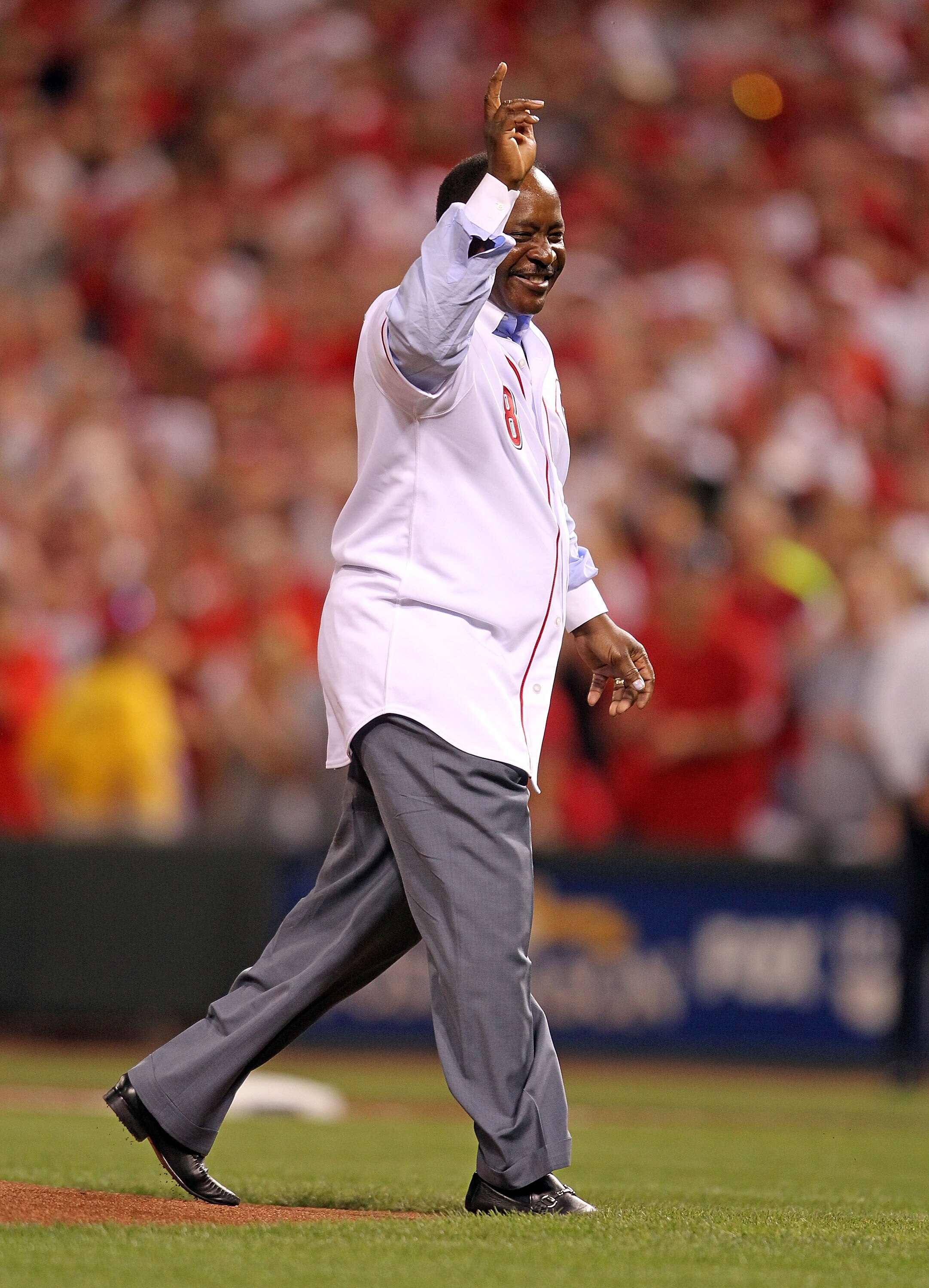 CINCINNATI - OCTOBER 10:  Joe Morgan waves to the crowd after throwing out the first pitch before the Philadelphia Phillies game against the Cincinnati Reds during Game 3 of the NLDS at Great American Ball Park on October 10, 2010 in Cincinnati, Ohio.  (P