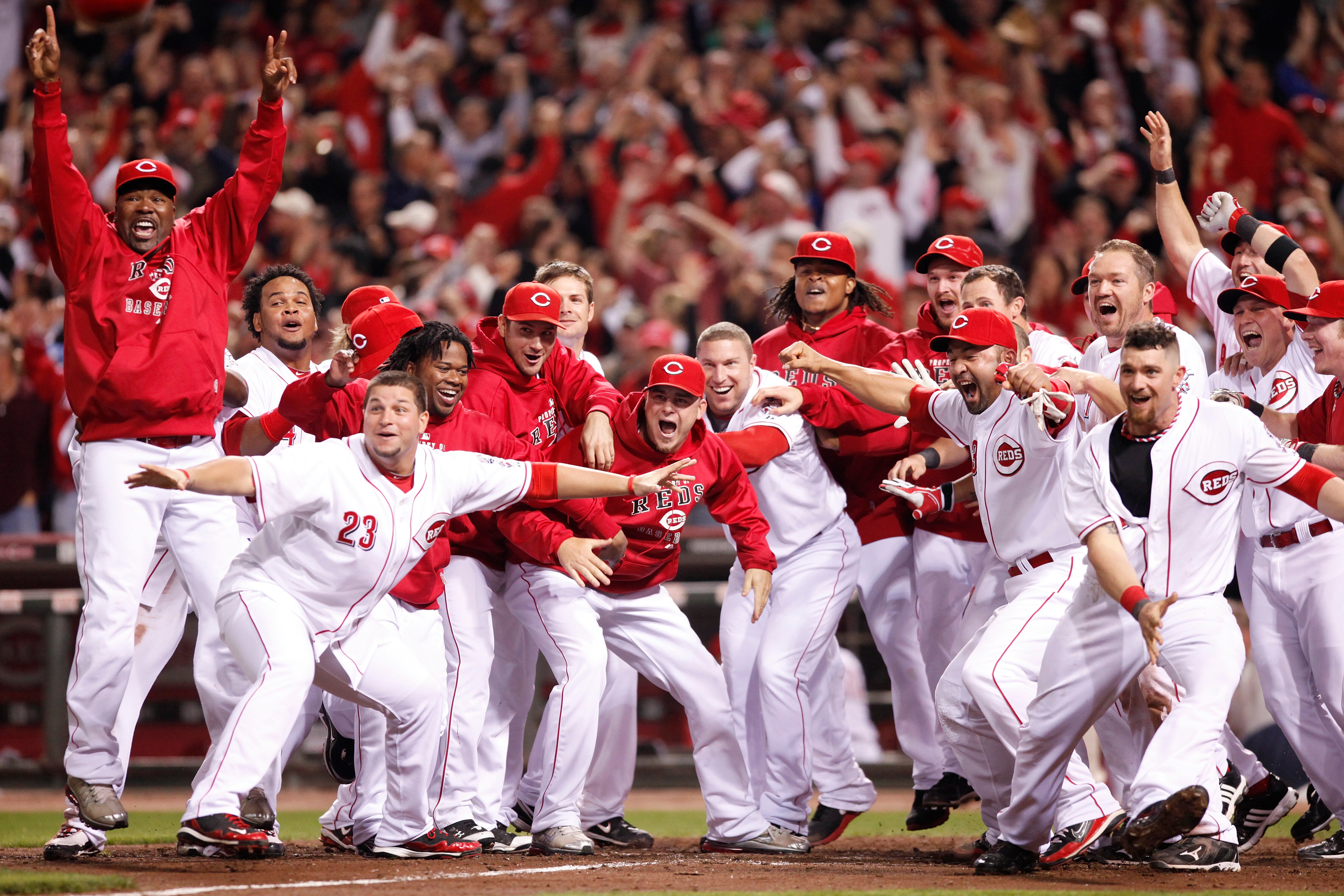 CINCINNATI, OH - SEPTEMBER 28: The Cincinnati Reds celebrate after Jay Bruce's walk off home run in the ninth inning against the Houston Astros at Great American Ball Park on September 28, 2010 in Cincinnati, Ohio. The Reds won 3-2 to clinch the NL Centra